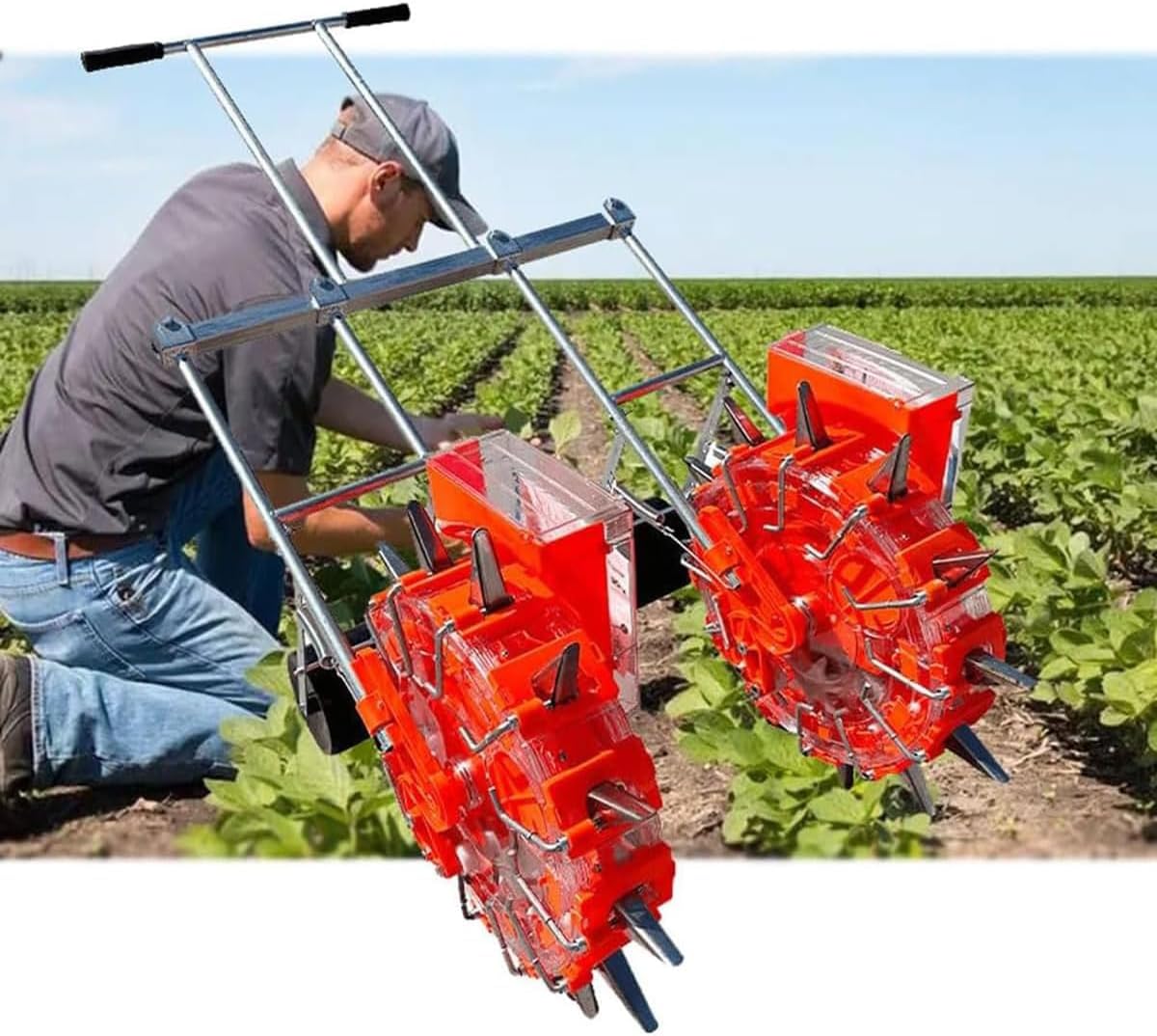 Handheld Manual Seeder & Fertilizer Applicator - Double Row Precision Planter for Peanut, Corn, Bean - 6 Mouth Push Seeder Machine for Easy Garden Seeding & Spreading