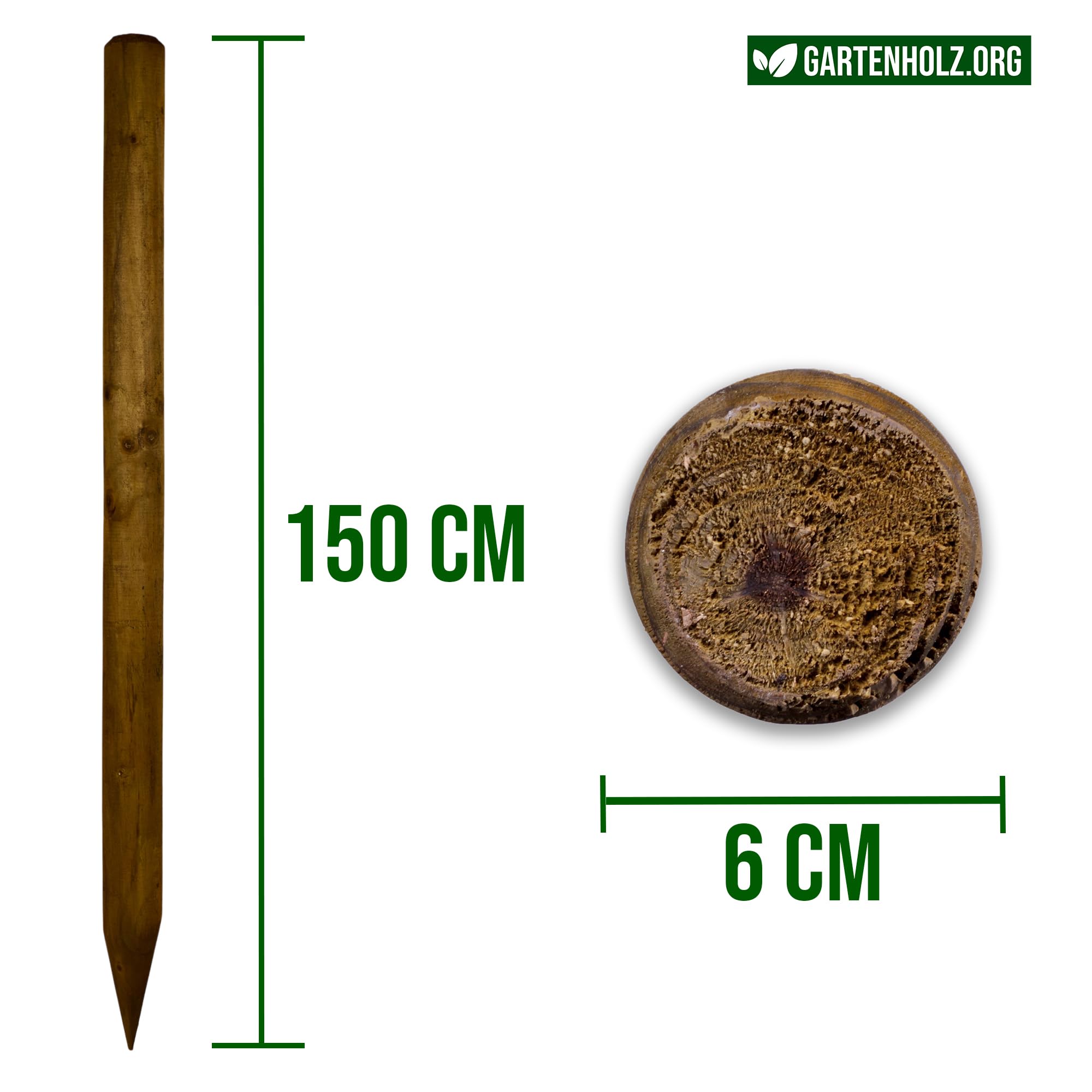 Juego de 10 estacas de madera redondas impregnadas de color marrón, 6 cm de diámetro, diferentes longitudes y grosores, ideales como postes de vallas, estacas de plantas o postes de árboles (150 cm de
