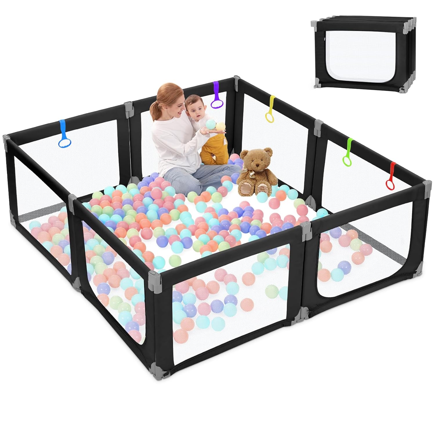 Kidirect Foldable Playpen, 71''69'' Extra Large Baby Playpen for Babies and Toddlers, Baby Gate Play Pen with Breathable Mesh, Adjustable Size & Shape Play Yards Indoor Outdoor for Toddlers, Black