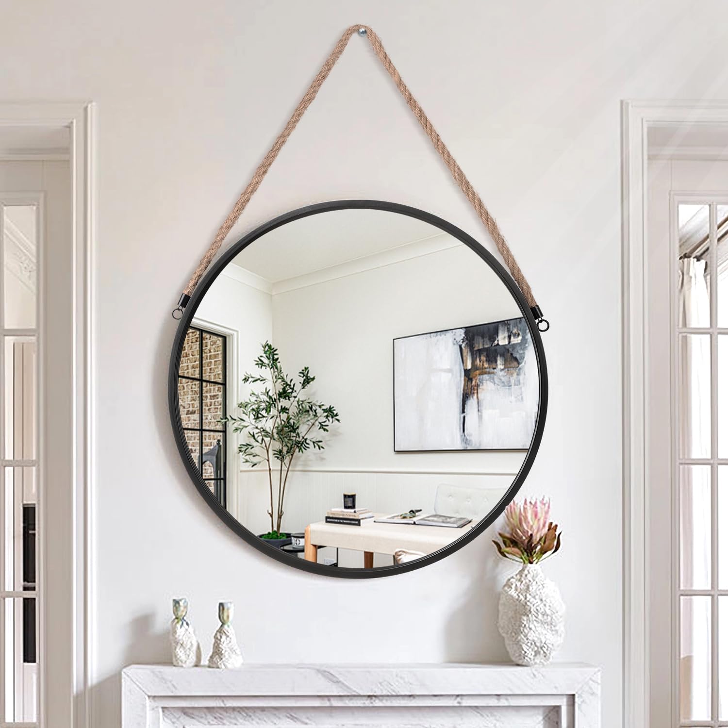Lzuso Circle Mirrors Modern Round Wall Mirror Artistic Metal Framed Rope Hanging Mirrors for Bathroom Bedroom Vanity Living Room Entryway
