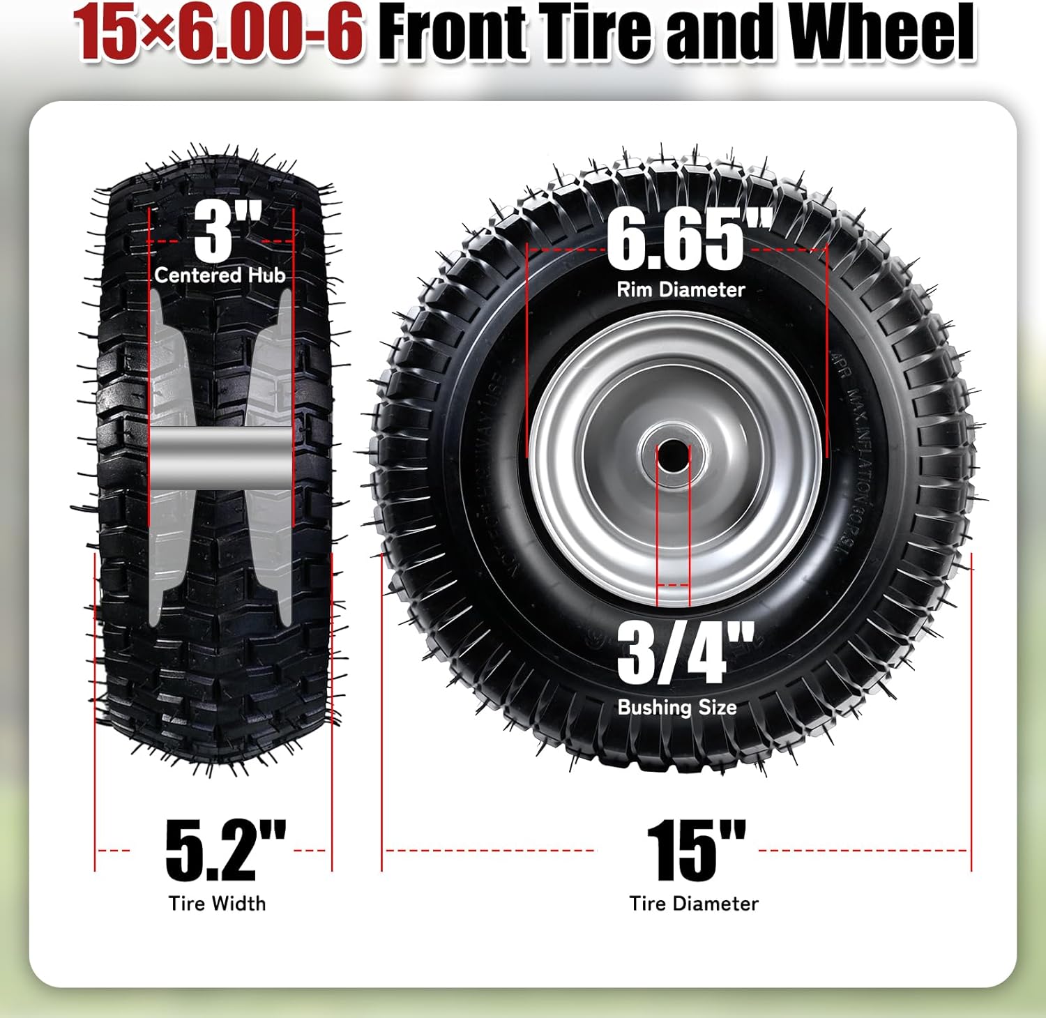 15x6.00-6 Riding Lawn Mower Front Tire and Wheel Assembly (2-Pack) ，Compatible with John Deere, Craftsman, Husqvarna, Cub Cadet, Troy-Bilt Lawn Tractors