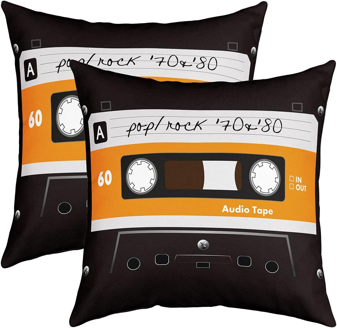 Set of 2 80S Party Throw Pillow Covers 24x24,Audio Cassette Cushion Covers For Sofa Couch,Vintage Music Theme Pillow Covers,Retro Tape Decorative Pillow Covers Music Art Style,Home Room Decor Black