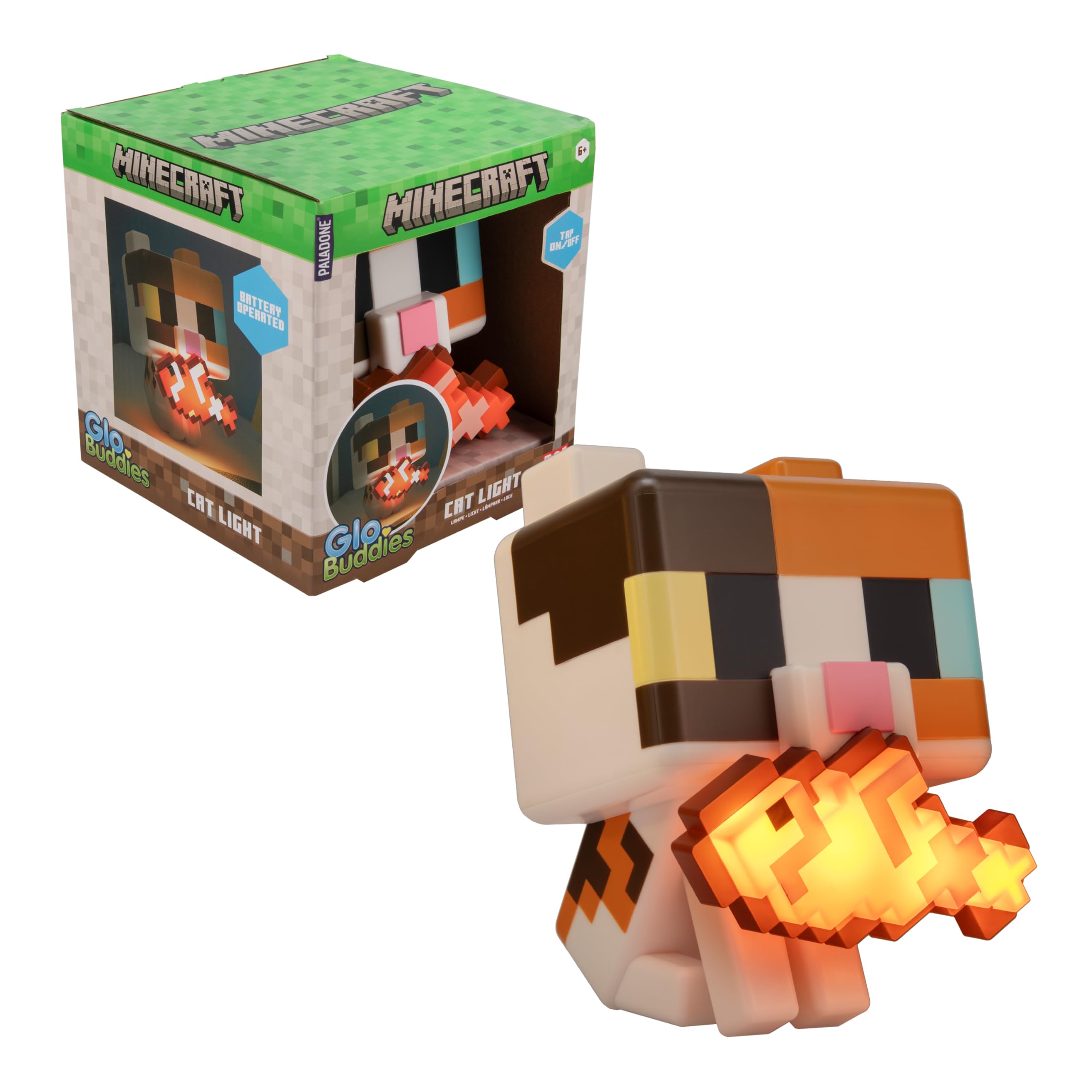 Paladone Minecraft Cat GloBuddies Light, 15cm Tap‑to‑On Lamp with Light‑Up Fish, AA Battery Powered, Officially Licensed