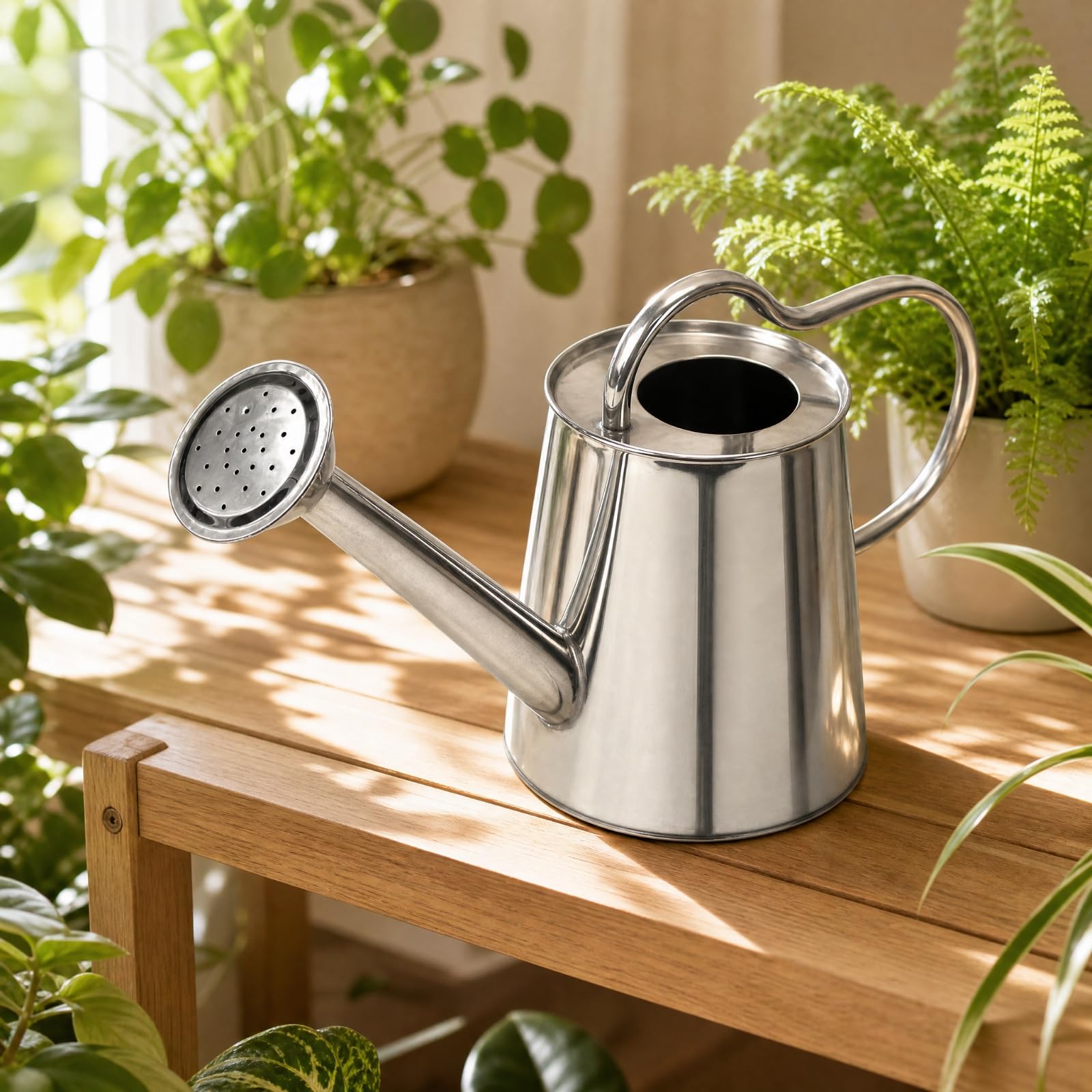 Annaffiatoio in Acciaio Inox con Beccuccio Lungo Beccuccio Esteso Ergonomico per Giardino Verde, Terrazza, Davanzale, 2.5L, con Testa Irrigante