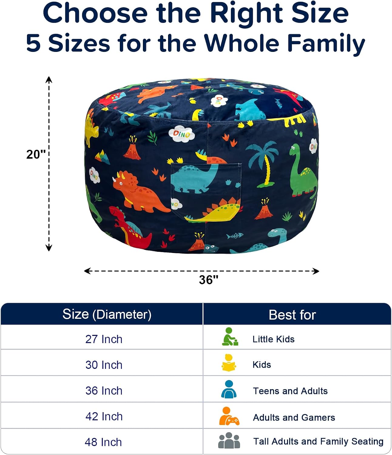 Dinosaur Bean Bag Chairs for Teens, Soft Memory Foam Inner with Removable Machine Washable Velvet Cover, Dino Bean Bag Sofa for Bedroom, Living Room, Gaming - (36Inch) image 2