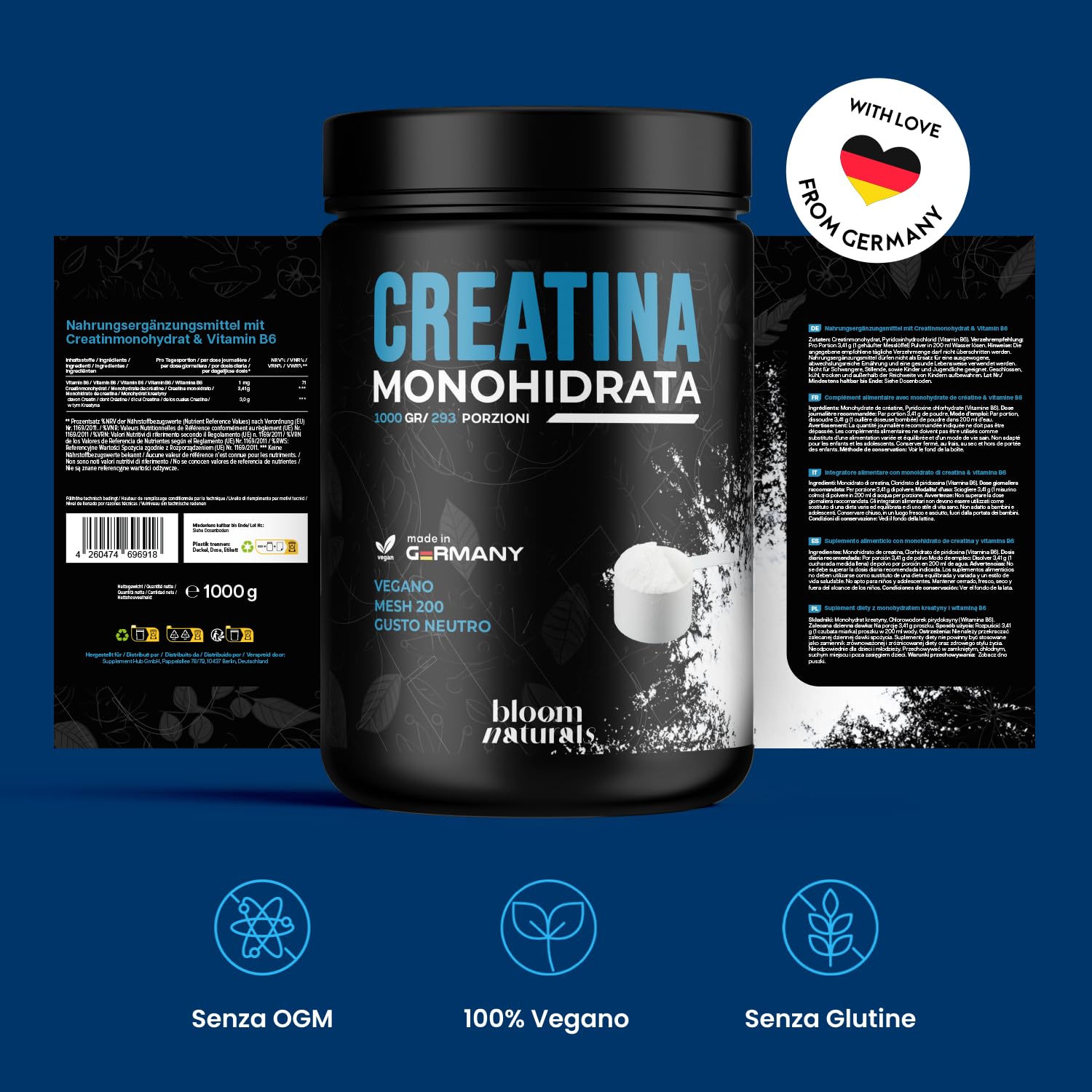 Creatina Monoidrata in Polvere 1000g – 293 Porzioni – Gusto Neutro, Mesh 200 – Vegana, Prodotta in Germania - Creatina Monoidrato Polvere - Creatine Monohydrate Pure - Testato in Laboratorio