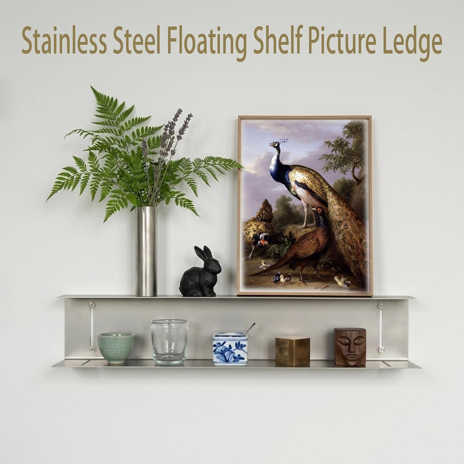 Stainless Steel Floating Shelf Picture Ledge, 23.6 Inch Wall Mounted Display Shelf with Back Guard, Heavy Duty Bathroom & Kitchen Wall Shelf for Decor, Books, Plants and Storage