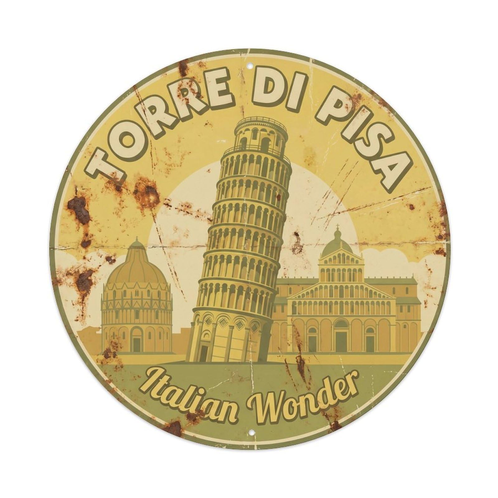 Vintage Travel Leaning Tower Pisa 2 Metal Tin Sign Plaque Wall Decor for Cafe, Club, Garden Round Metal Poster 8x8Inch