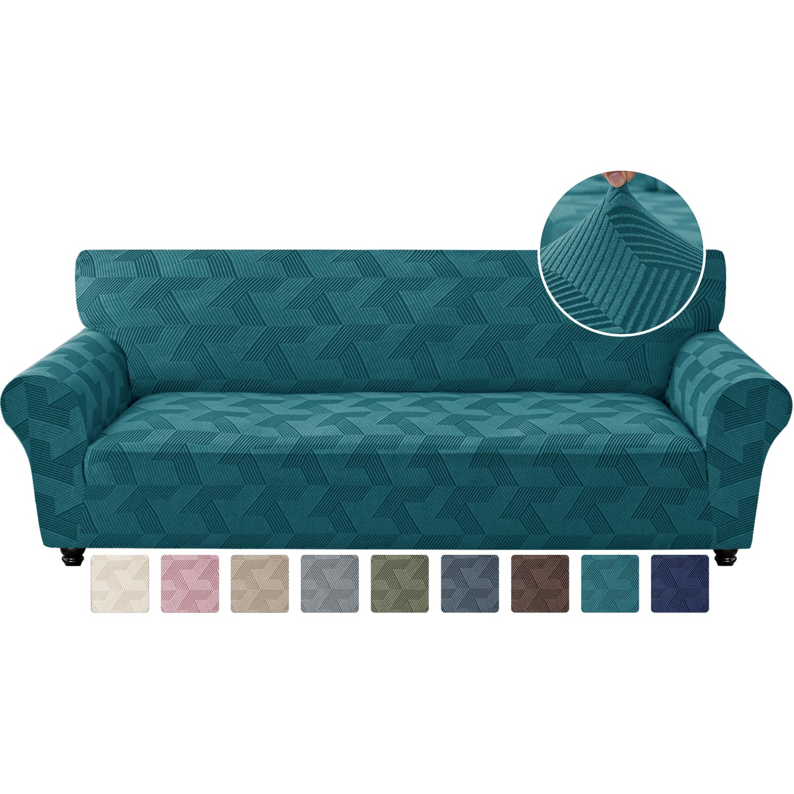 XINEAGE Stretch Sofa Covers 4 Seater, 1 Piece Sofa Slipcovers with Non Slip Design, Soft Geometrical Jacquard Couch Covers Oversized, Washable Furniture Protector for Dog/Pets (XL Sofa,Peacock Blue)