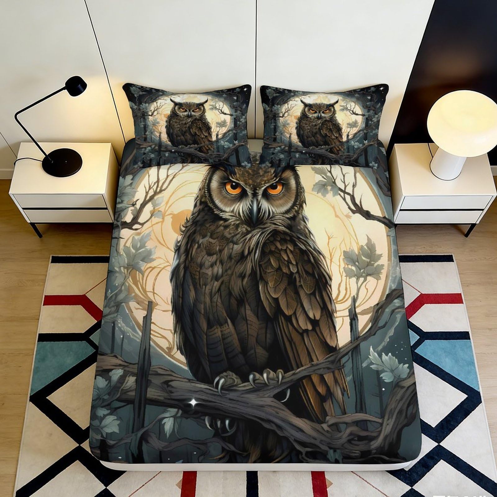 3D Printed Dark Forest Owl Fitted Sheet Microfiber Soft Breathable Night Bird Mattress Cover Bedroom Decor 90x200x25cm