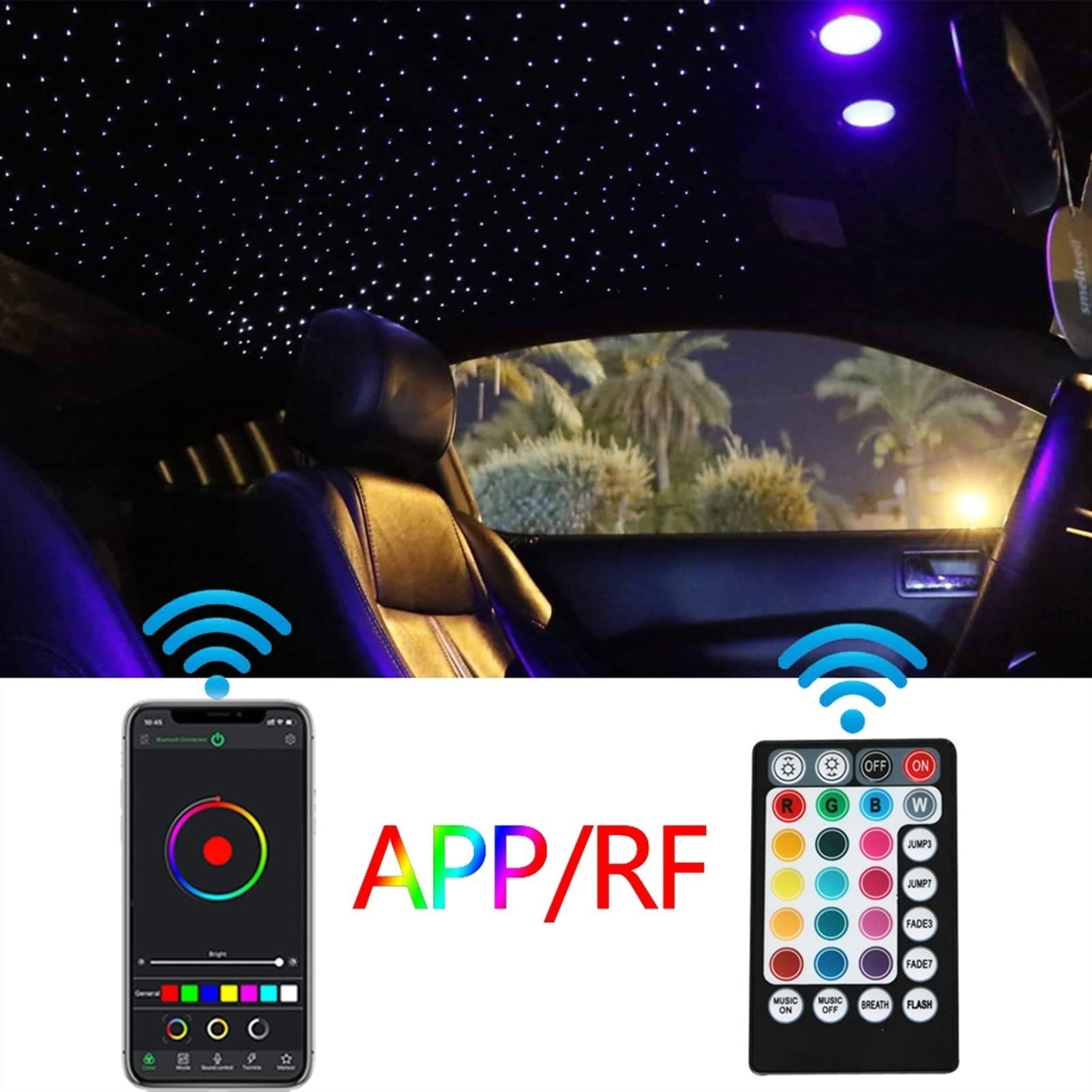 Starlights do Samochodu Dźwięk aktywny DC12V 16W ​​RGBW. Muzyka Kontrola światłowodowa Starry Zestaw sufitowy Światło z Bluetooth Aplikacja Kontroluj światło światła światłowodowego(300pcs 0.75mm 3M)