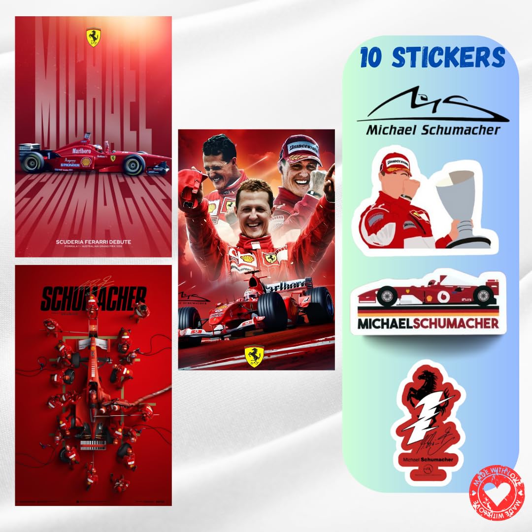 The Red Poster - Michael Schumacher Posters (Pack of 3) | Formula 1 (F1) Racer Posters for Wall | 400 GSM | Gloss Lamination | A3 and A4 Sizes | Set of Stickers (Michael Schumacher, A3-12 by 18 inch)