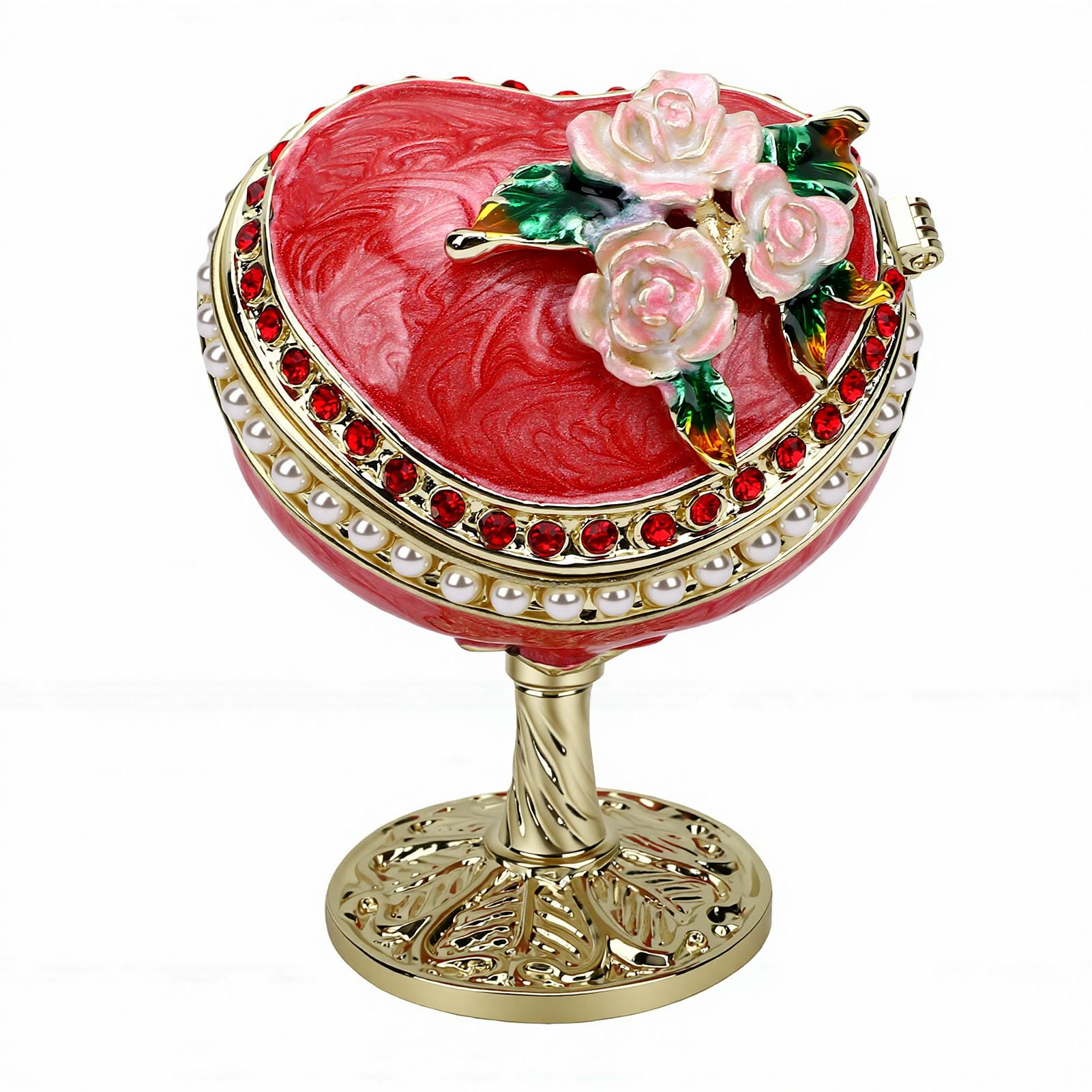 Boîte à bijoux œuf en émail rouge fait main et perles roses de haute joaillerie