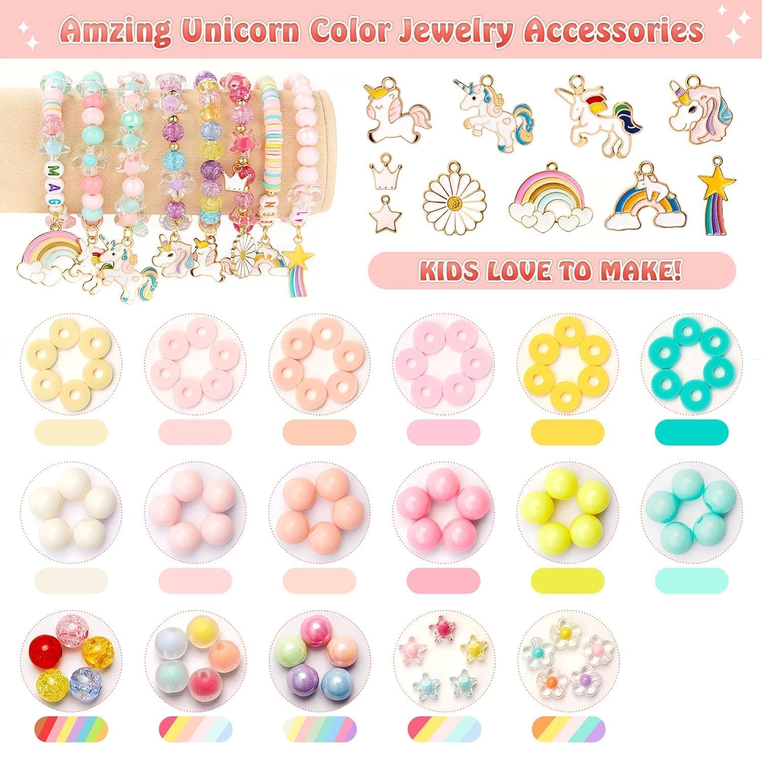 SANNIDHI® Bracelet Making Set, Clay Beads Kit, Macaron Color Beads for Bracelet Making for Girls Kids, Letter Beads with Unicorn Pendants, Crystal Star Flower Hair Beads Set for DIY Jewellery Crafts - Image 2 thumbnail