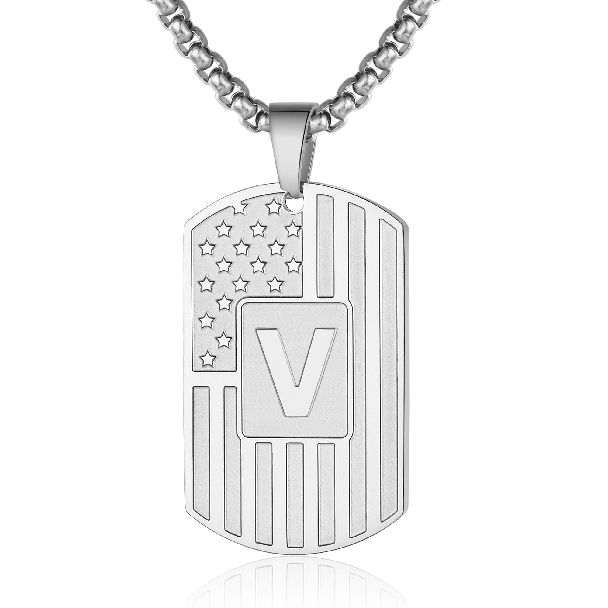 Initial A-Z Necklace for Men American Flag Dog Tag A-Z Pendant Stainless Steel Chain 22+2 Inches Personalized Patriotic Jewelry for Men