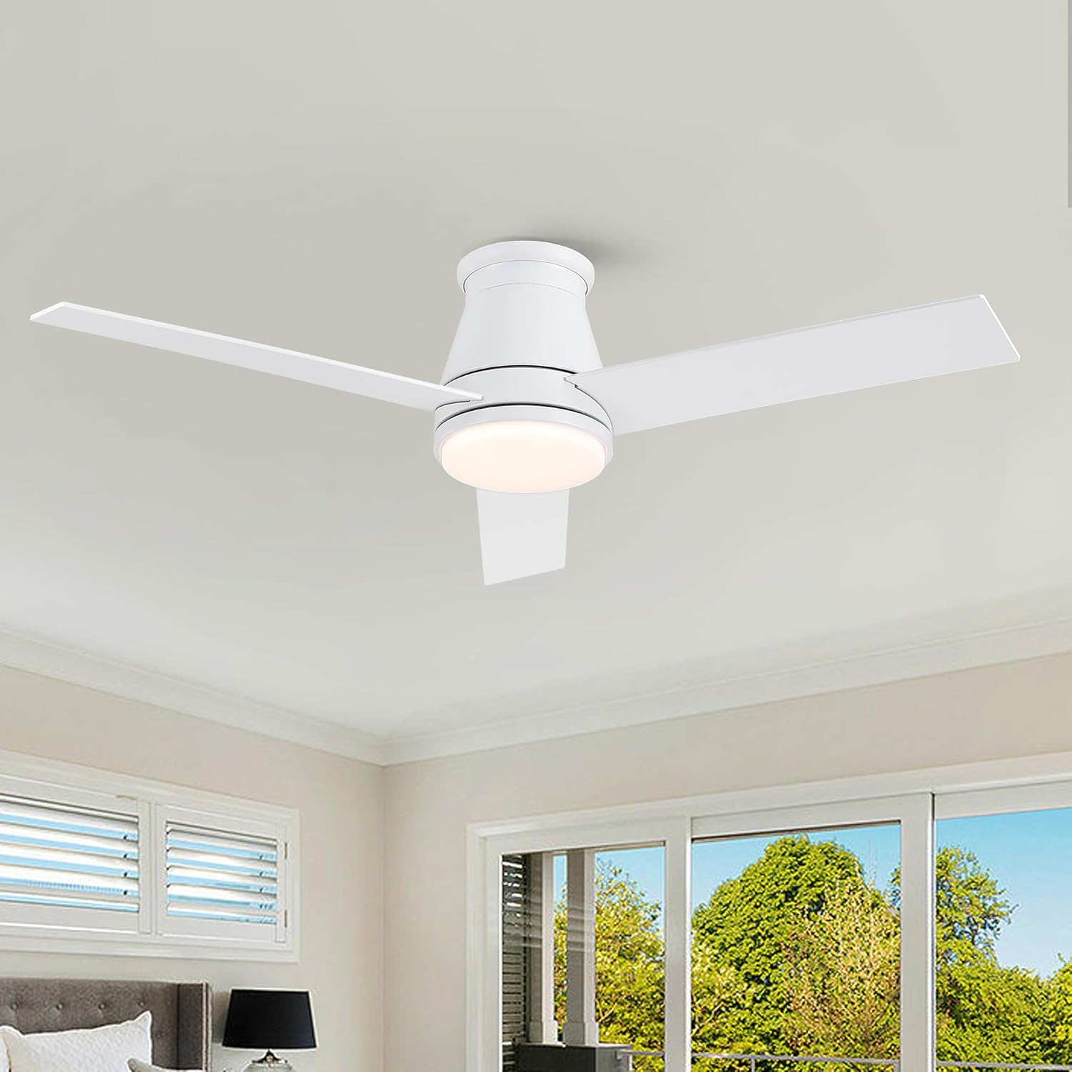 48" White Blades Low Profile Ceiling Fans with Light, LED Dimmable, Remote Control, Bedroom
