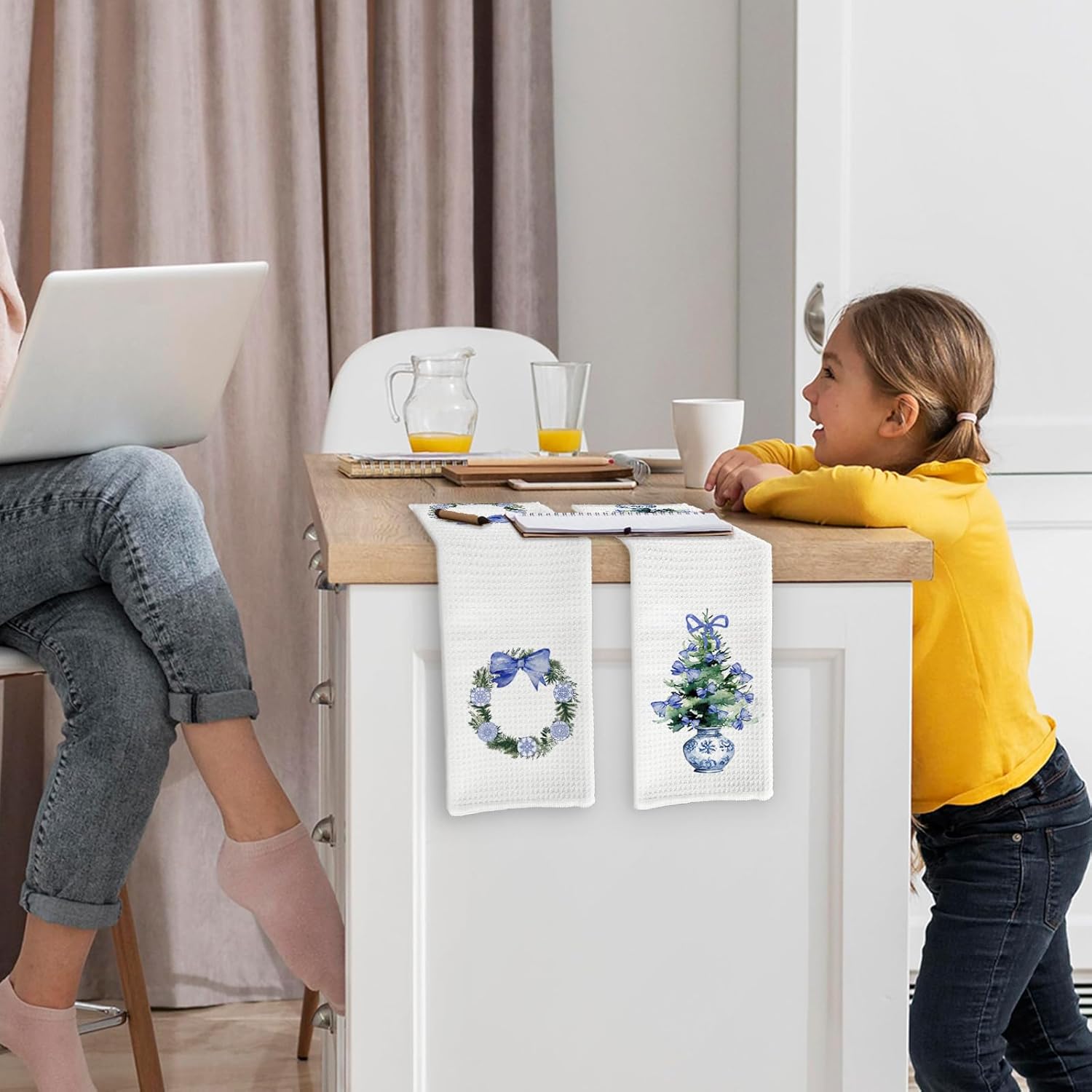 Chinoiserie Christmas Kitchen Towels Set of 2, Coquette Christmas Bathroom Decor, Blue and White Tree Dish Towels, Blue Christmas Wreath Hand Tea Towels for Bathroom Kitchen, 16×24 Inch - Image 4