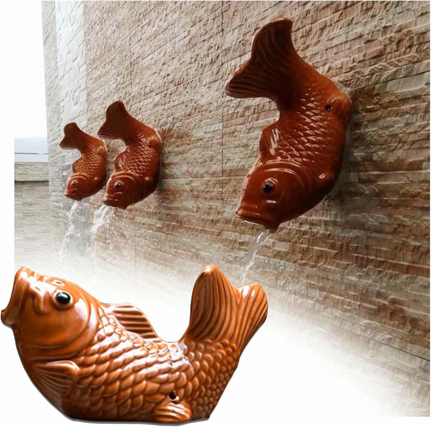 Ceramic Pond spitters, Koi Fish Outdoor Wall Water Fountain Garden Decor for Pond Automatic Circulation Water Landscaping Ornaments