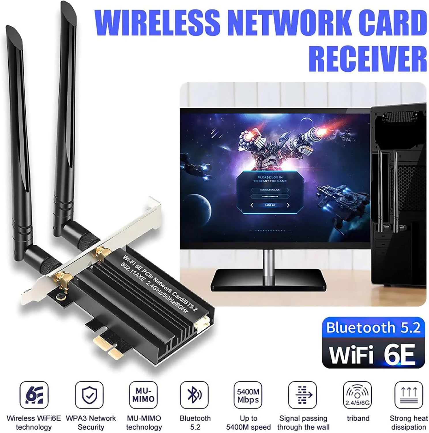 The WiFi 6E PCIE Network Card installed in a desktop computer, demonstrating its use with a monitor and keyboard.