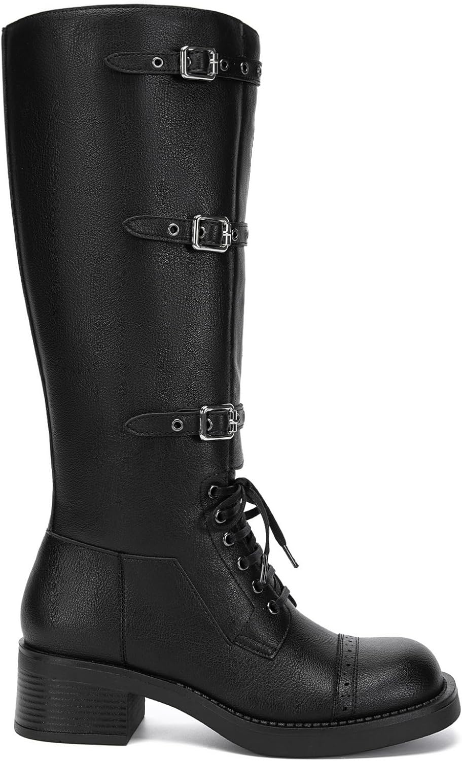 Athlefit Women's Knee High Boots Wide Calf Buckle Riding Boots Square Toe Lace Up Chunky Low Heel Booties