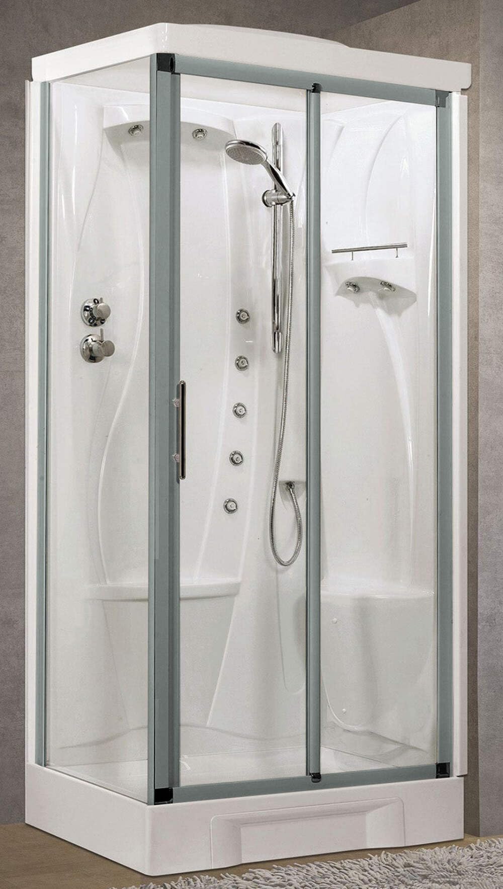 Novellini New Holiday 2P+F Idromassaggio Tettuccio Soffione 100x70 cm Cabina Doccia Multifunzione Apertura Scorrevole Seduta Destra Miscelatore Termostatico Vetro Trasparente Profilo Silver H 217,5cm