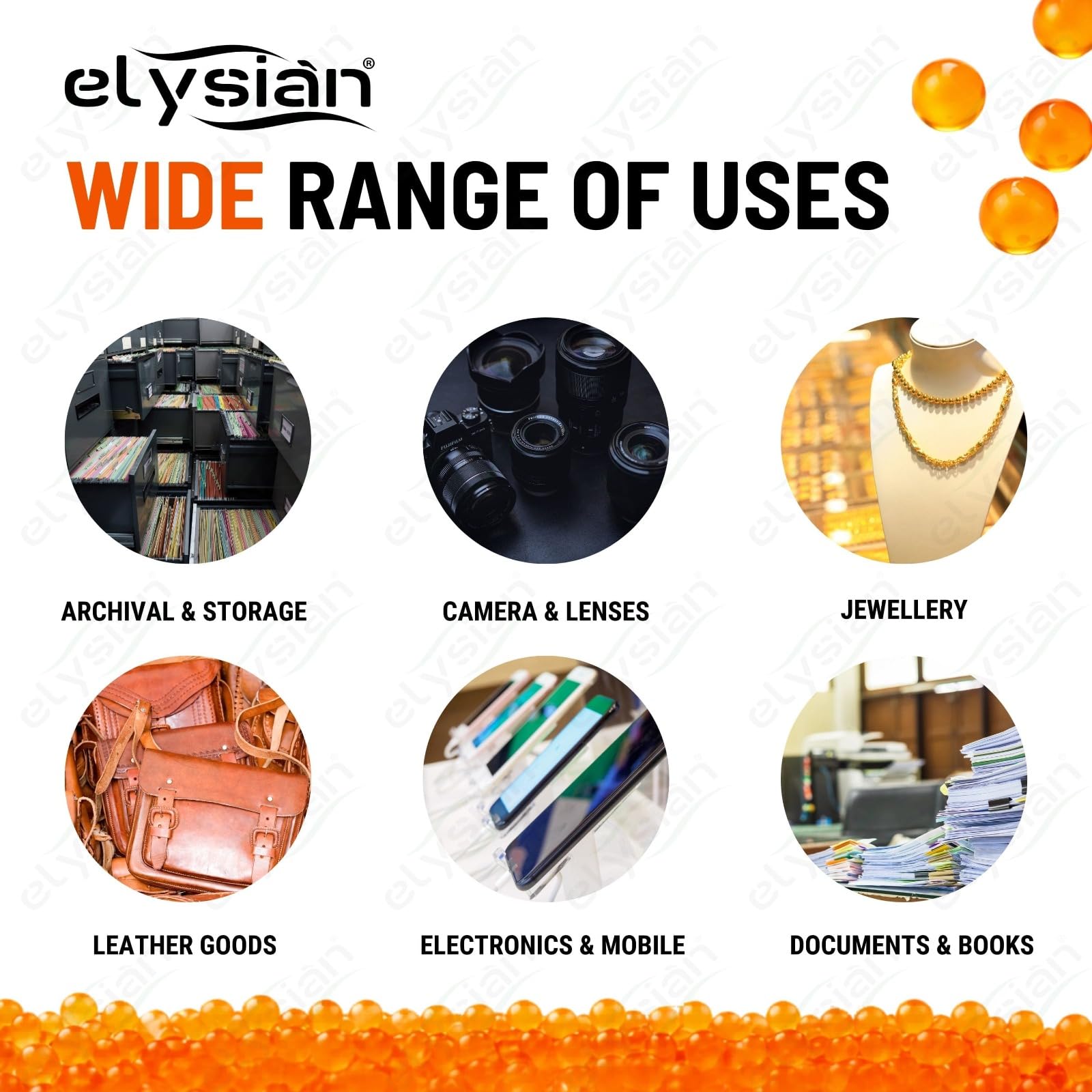 Elysian 2-4mm Orange Silica Gel Beads – Desiccant & Moisture Absorber for Tools, Storage, Electronics – Reusable Indicating – 100GM Pack 3