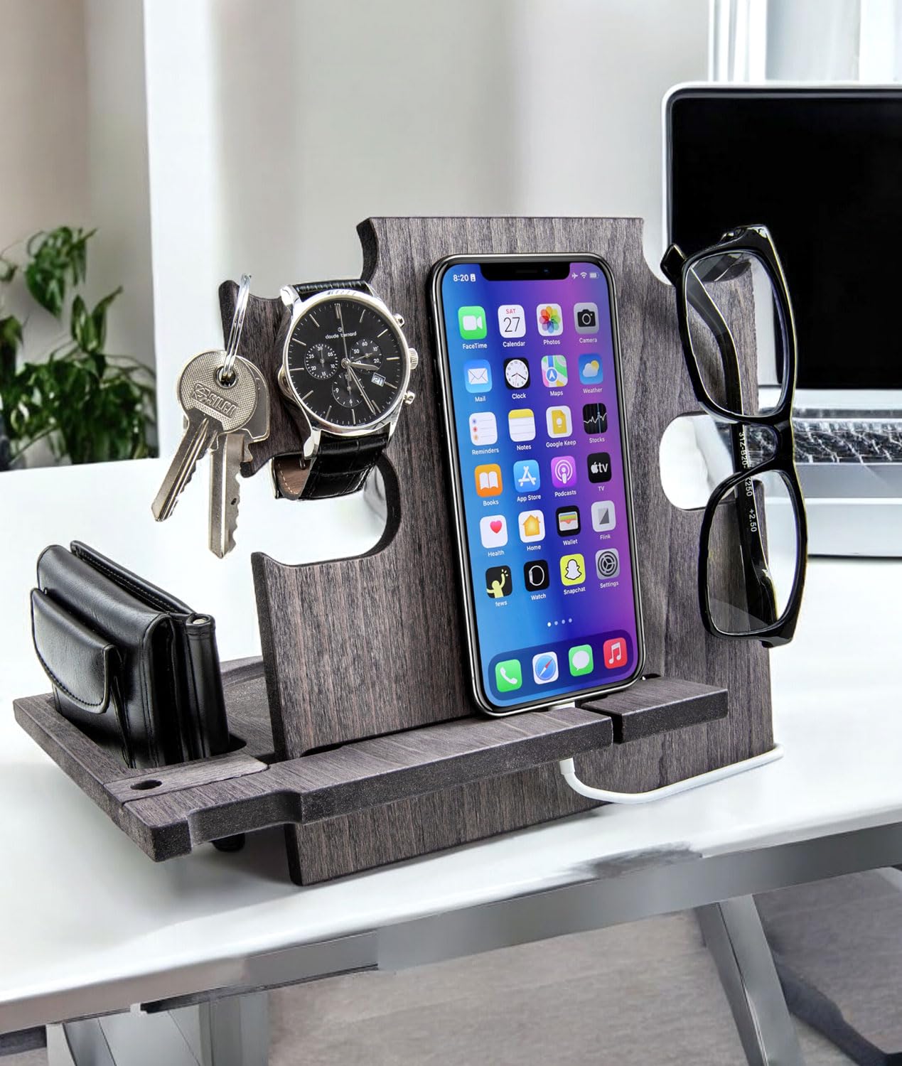 Greta Oto Svuotatasche in Legno Personalizzato Organizer da Scrivania e Comodino con Supporto per Smartphone Porta Orologi Regalo Festa del Papà