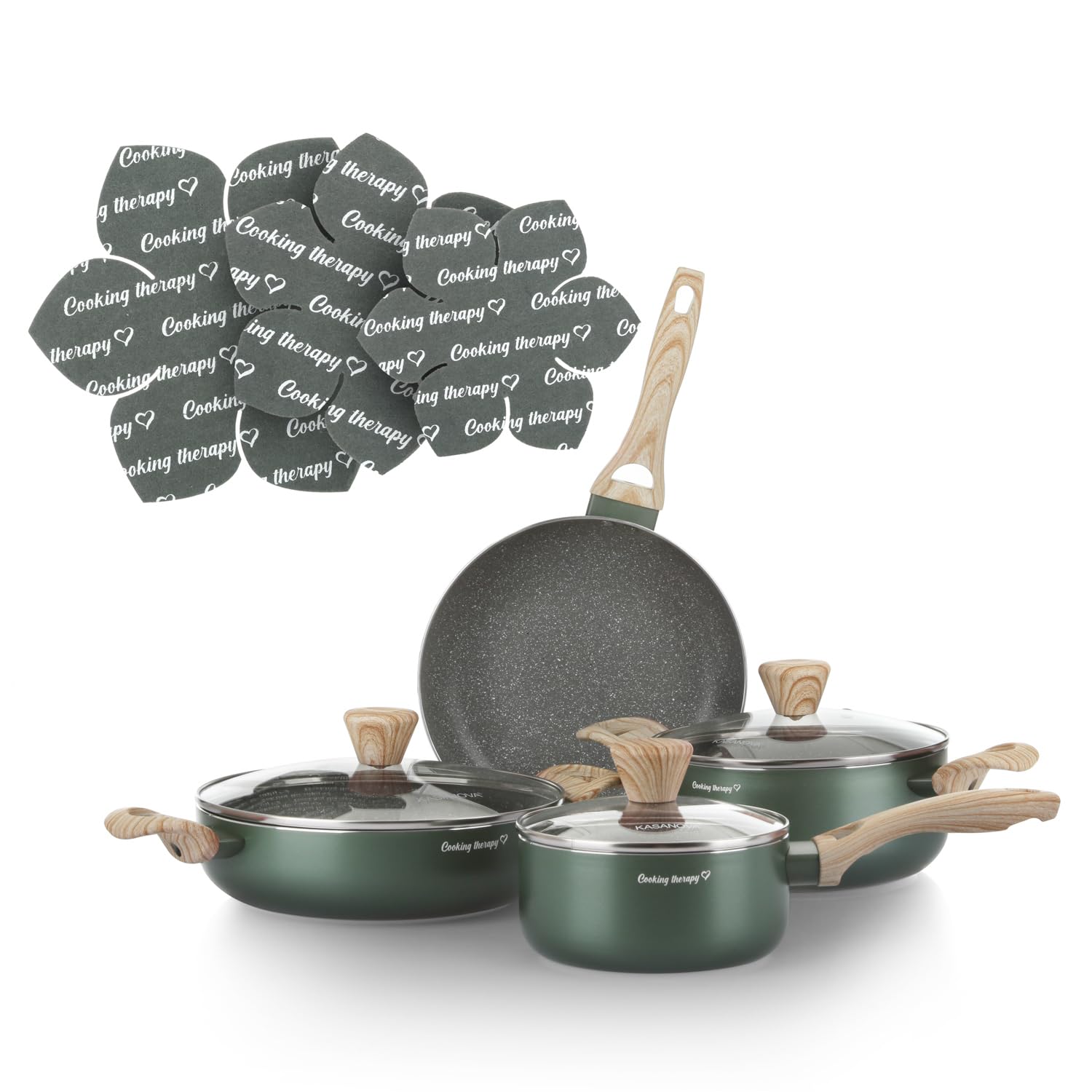 KASANOVA Zestaw garnków Cooking Therapy. Zestaw garnków indukcyjnych i patelni nieprzywierających z łopatką, kompletny zestaw kuchenny z napisem laserowym i uchwytami o efekcie drewna. (10 sztuk)