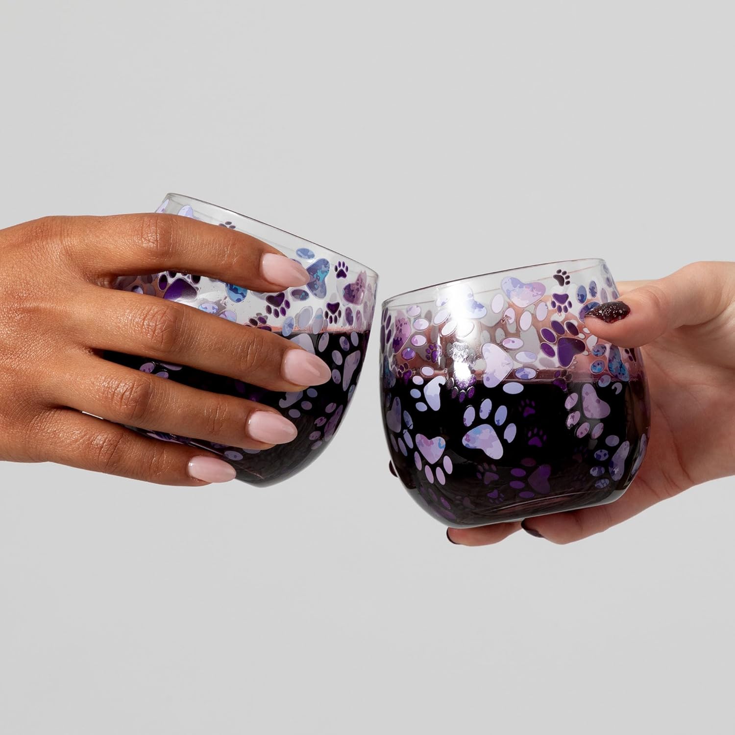 GreaterGood All Over Print No Stem Glass Wine Glasses Set of 2 Playful Cat & Paw Print Colorful Novelty Designs Cocktail Cup (Leafy Paw Prints)