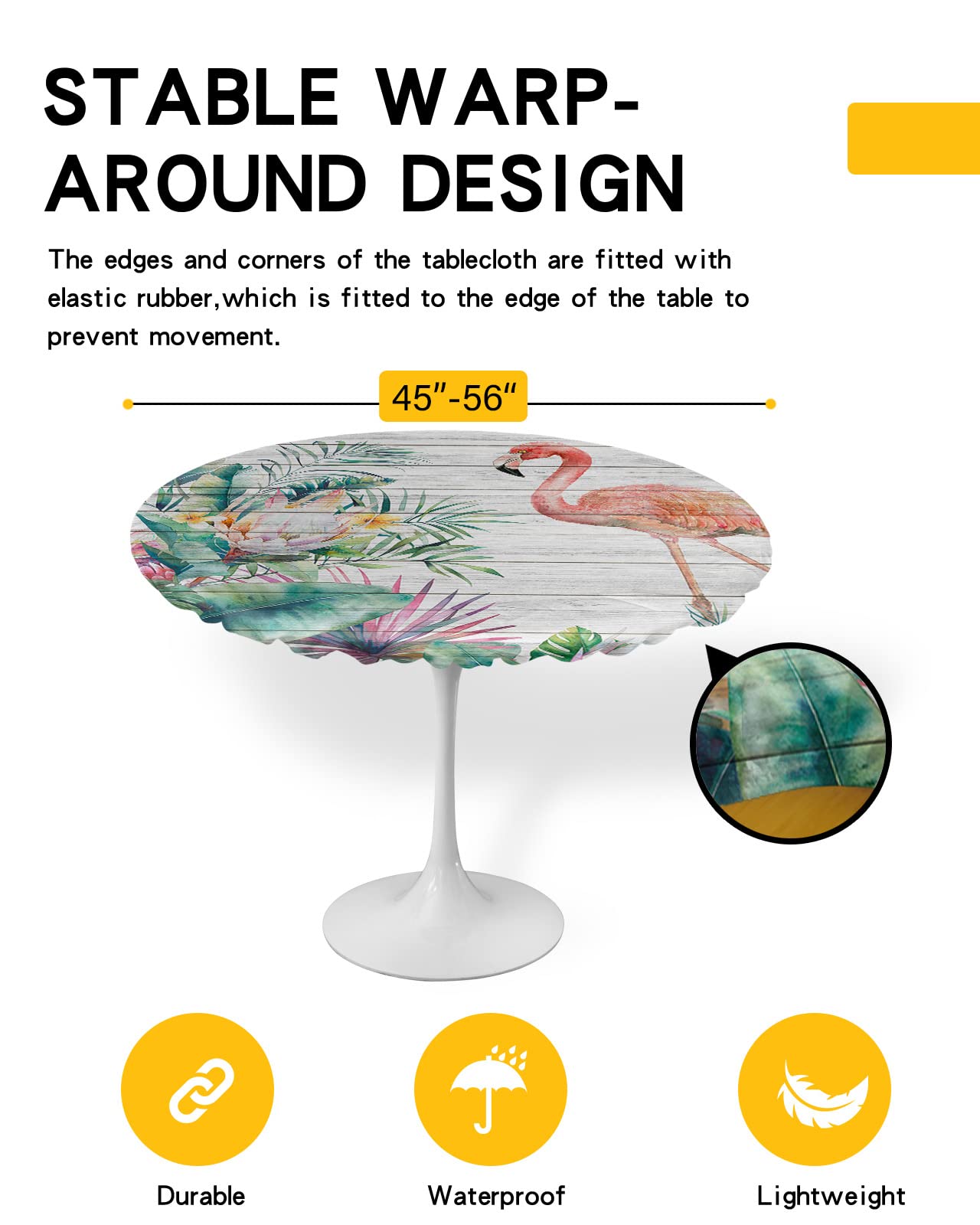 Round Table Cover 36-44 Inch, Waterproof Reusable Table Cloth Round Fitted Vinyl Tablecloth with Elastic Edged for Parties Outdoors, Flamingo and Tropical Plant Turtle Leaf Vintage Wooden Board
