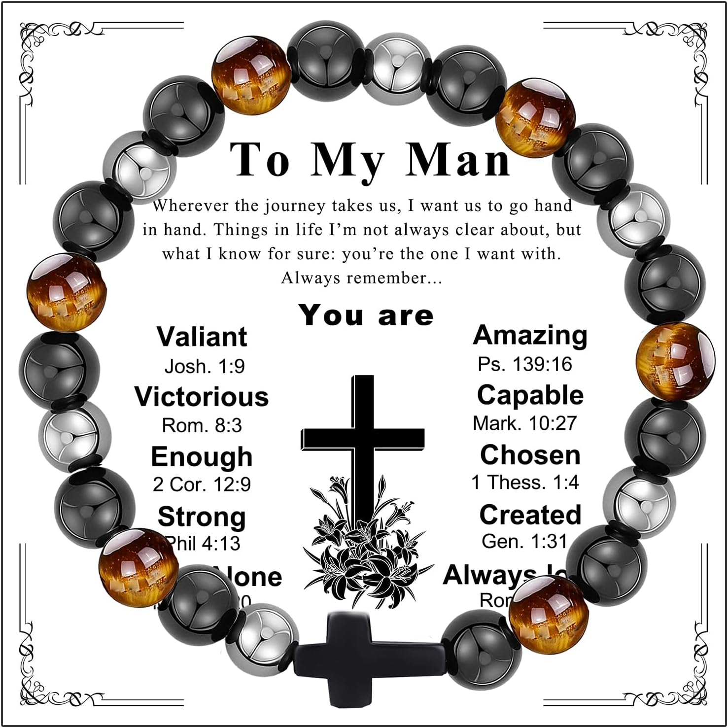 Gifts for Men Bracelets Triple Protection Cross Bracelet 8mm Black Obsidian Hematite Tiger Eye Beaded Natural Stone Bracelets Birthday Jewelry Gifts Cross Christian Gift for Him Husband Son