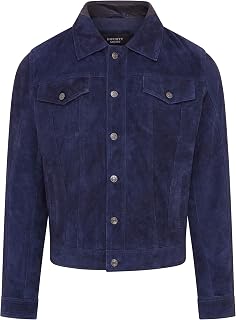 Mens Goat Suede Jeans Jacket Trucker Casual Denim Leather Shirt