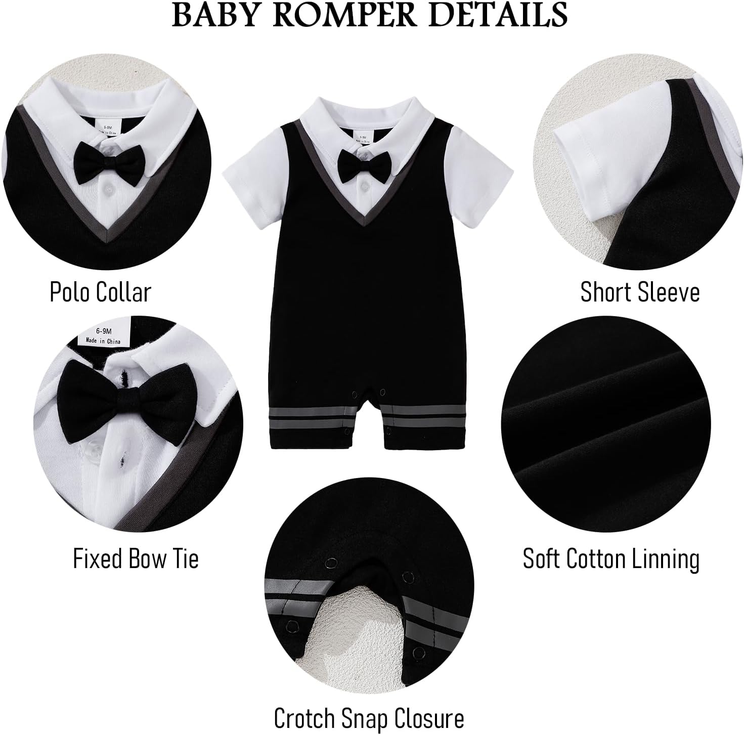 Baby Boys Romper 100% Cotton Bow Tie Jumpsuit 0-18M