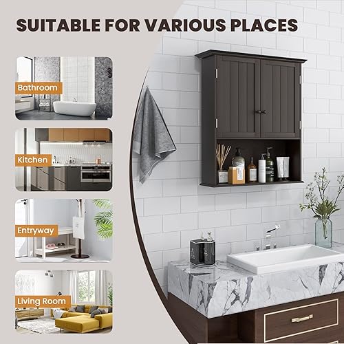 Miniatura 9 de LOKO Armario de pared para baño, botiquín de doble puerta con compartimento abierto y estante ajustable, armario de almacenamiento montado en la