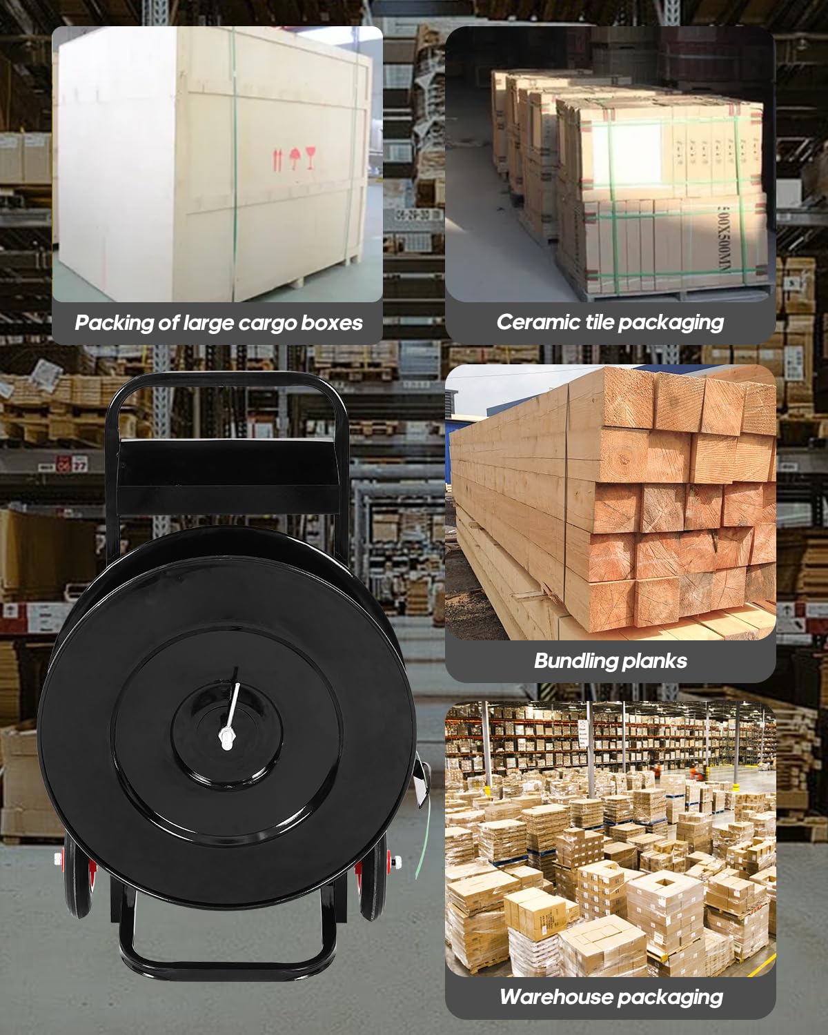 Strapping Dispenser, Strapping Cart, Heavy Duty Banding Cart Equipped with Anti-Retreat Pulleys with 50 Packing Buckle Free, Dispenser for PET Strapping Roll/PP Strapping Roll Coil, Black image 3