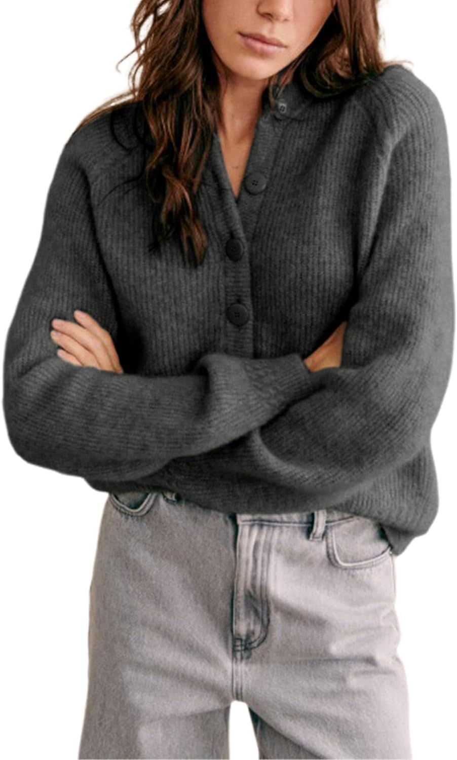 Bianstore Womens Casual Long Sleeve Crewneck Button Down Cardigan Chunky Knit Open Front Sweater Tops