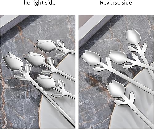 Miniatura 6 de Juego de cucharas de café pequeñas plateadas con mango de tulipánrosa de 6 pulgadas, 12 piezas, acero inoxidable