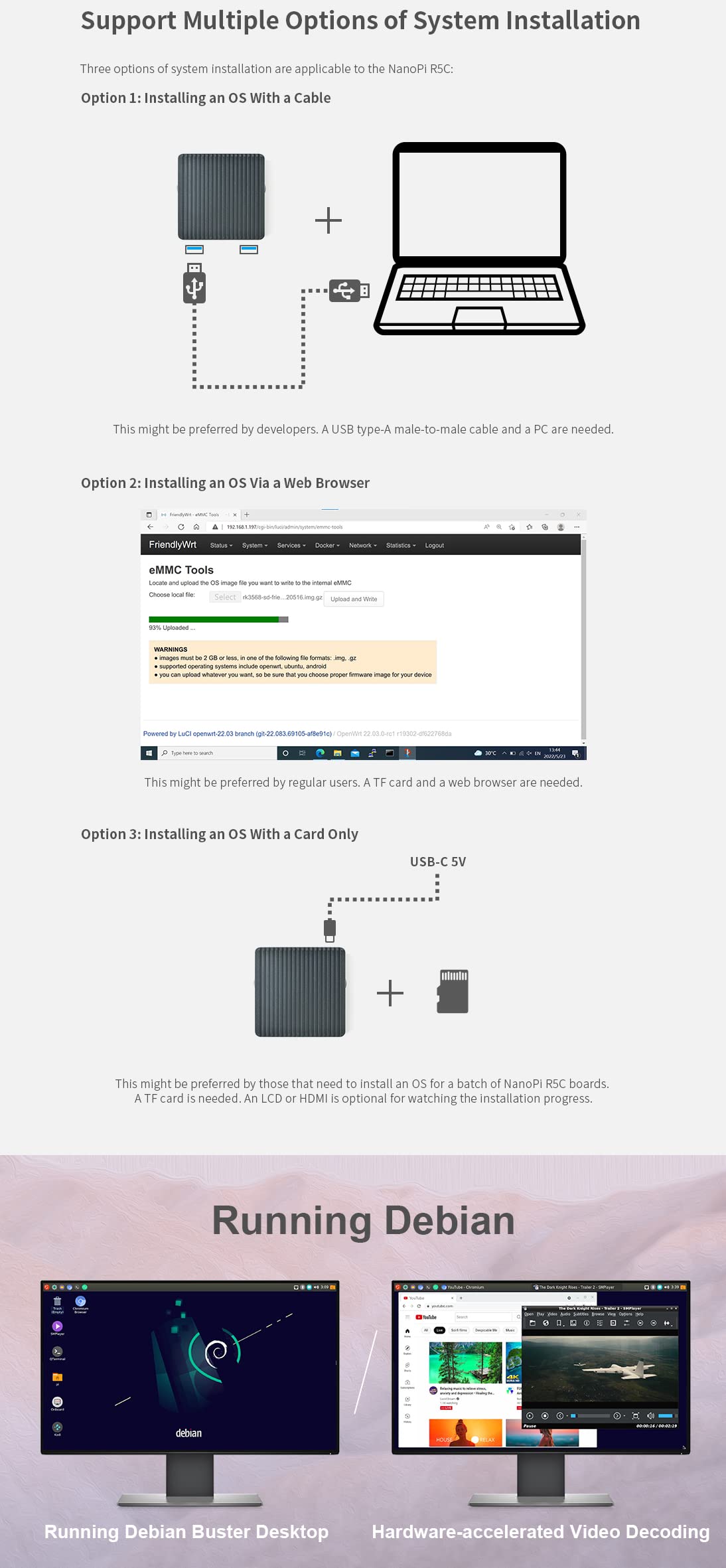 NanoPi R5C Mini routeur avec boîtier en métal, Carte de développement RK3568, 4 Go LPDDR4X 32 Go eMMC, NPU 0.8TOPS Support OpenWrt Docker, Deux Ports Ethernet, M.2, HDMI 2.0 (sans Module Wi-FI M.2)