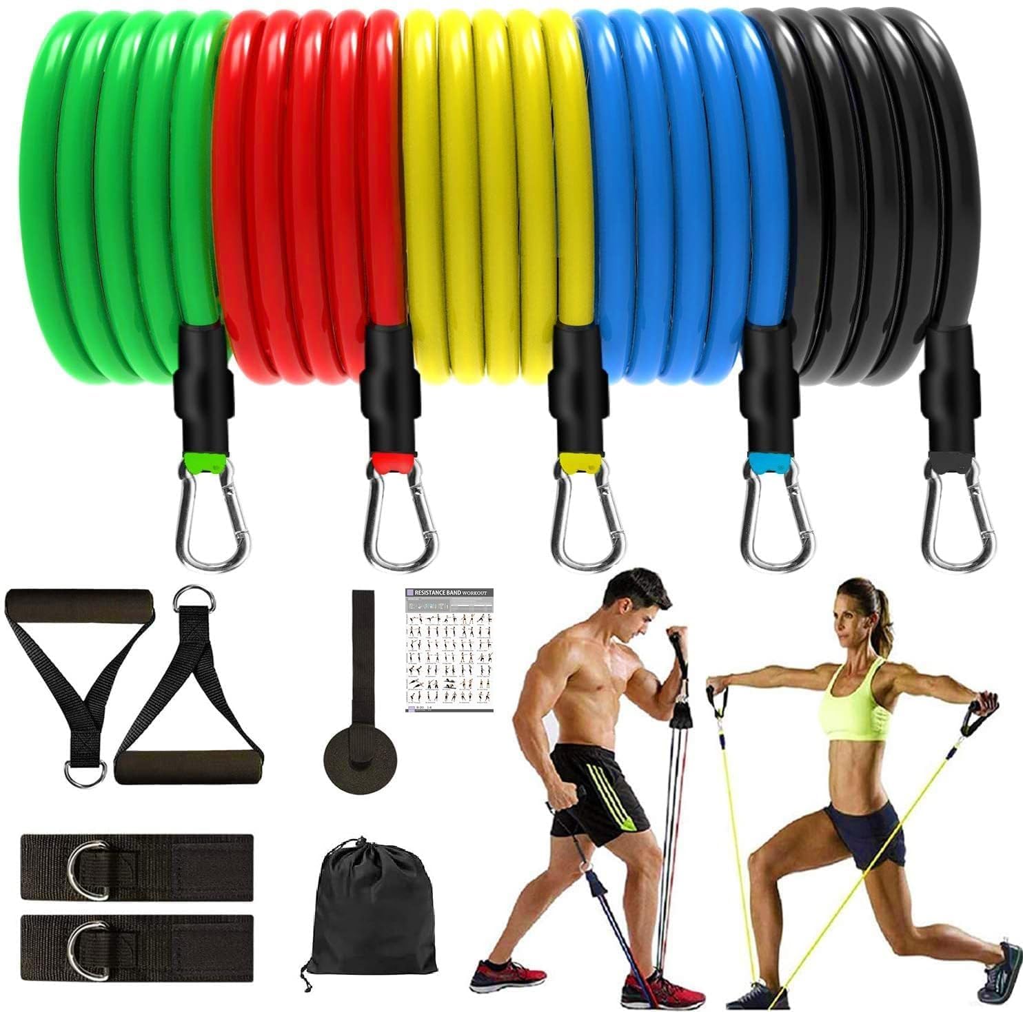 Resistance Bands Set, Multicolour, with Foam Handles, Door Anchor, Ankle Strap and Carry Bag, for Exercise, Stretching and Workout-image-37