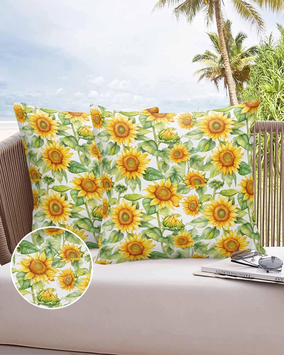 Summer Outdoor Waterproof Throw Pillow Covers 24 x 24 Inch Set of 2, Country Sunflowers Pillowcases Decorative Square Cushion Cases for Patio Furniture Couch Porch Garden