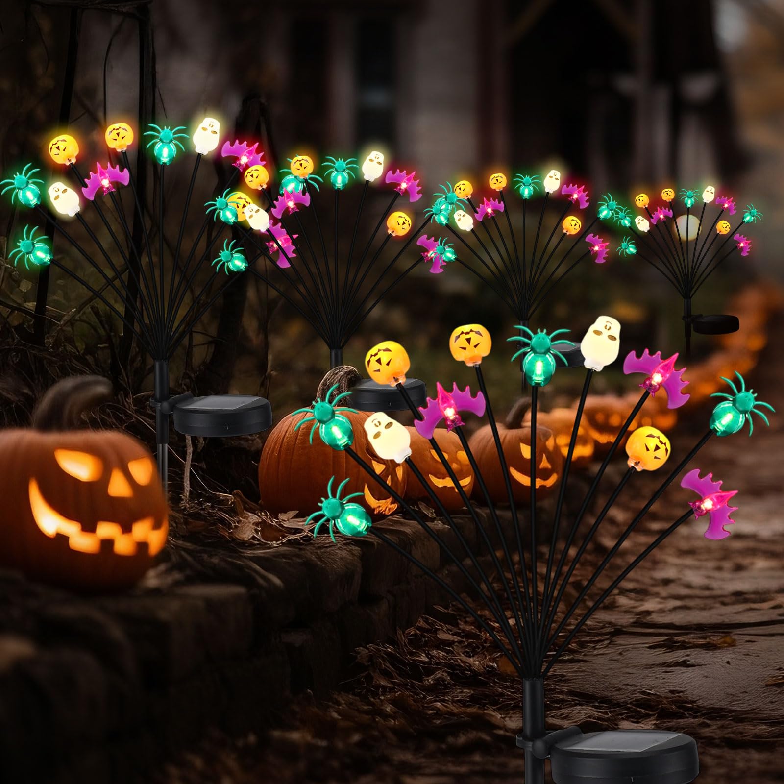 4 Pack Halloween Decorations Outdoor Solar Lights, 48 LED Halloween Lights Outdoor Solar Lights Waterproof Bats Spiders Pumpkin Lights, 2 Modes Firefly Solar Swaying Lights for Decor