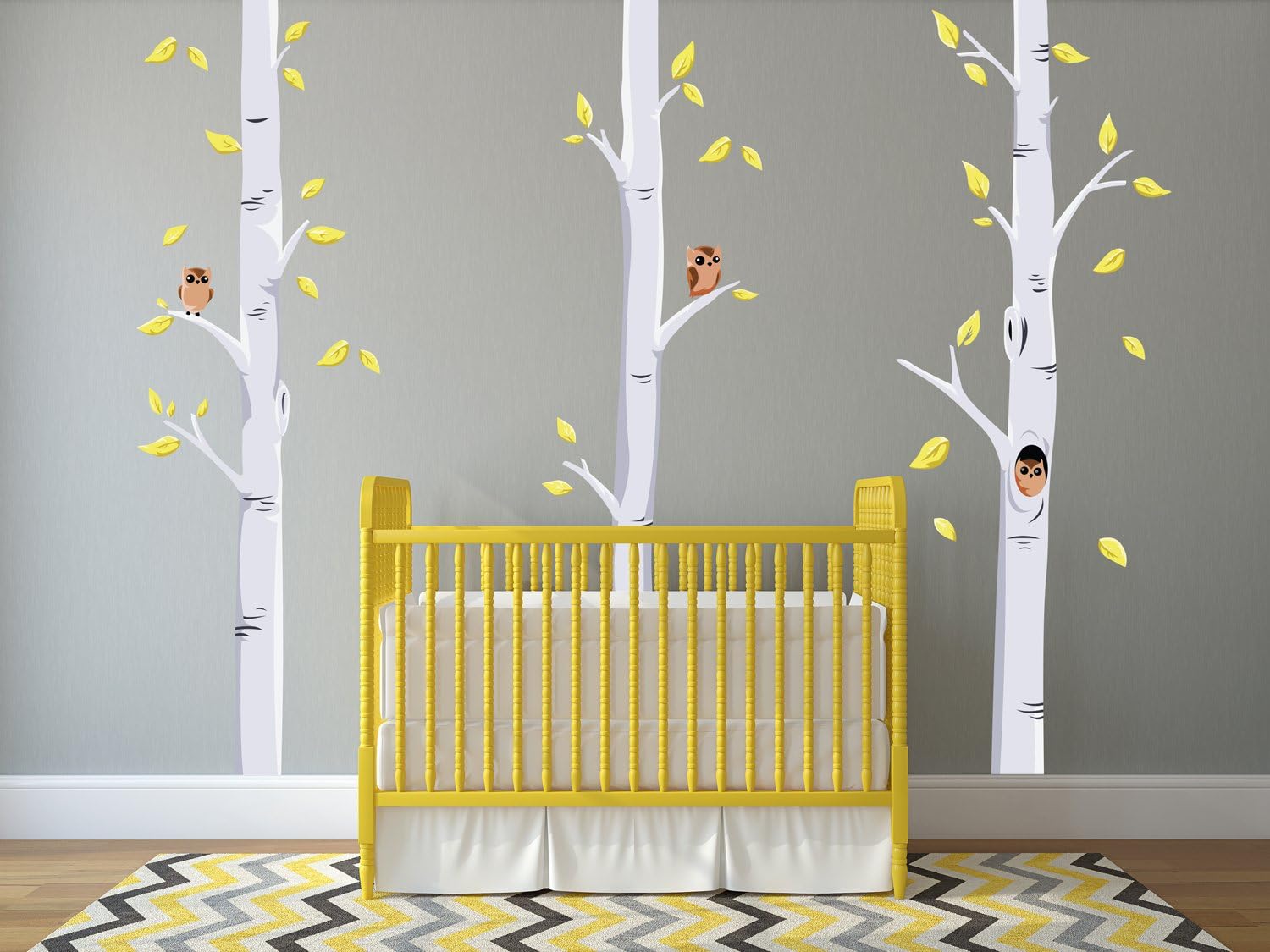 Modern Birch Trees Fabric Wall Decals with Owls and Leaves, Set of 3 Birch Trees, Reusable, Repositionable, Yellow and Gray