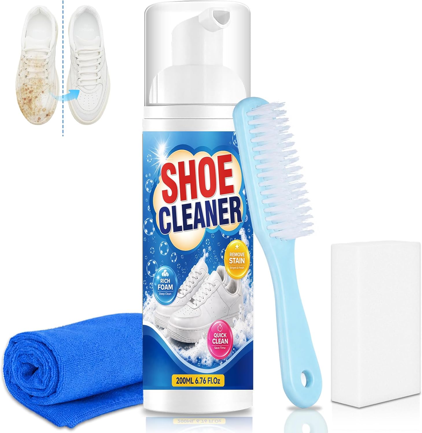 Shoe Cleaner 6.76 fl oz (200ml) – Sneaker Cleaner Foam, Shoe Cleaning Kit with Brush & Towel, White Shoe Cleaner for Stains & Dirt, Safe for Leather, Canvas, Mesh & Rubber Sneakers