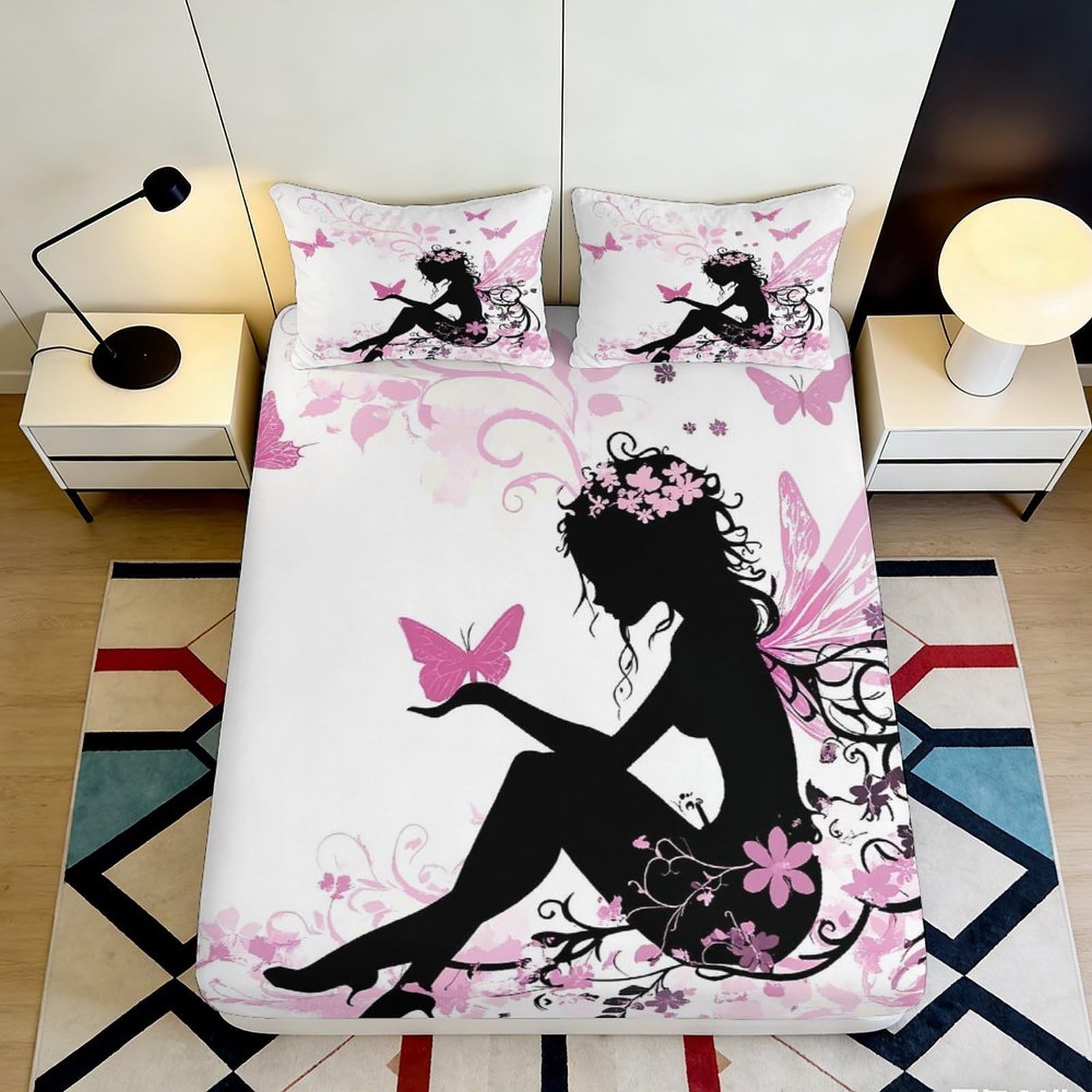 3D Printed Fairy Silhouette Fitted Sheet Microfiber Soft Pink Butterfly Mattress Cover for Bedroom Living Room Decor 140x200x25cm
