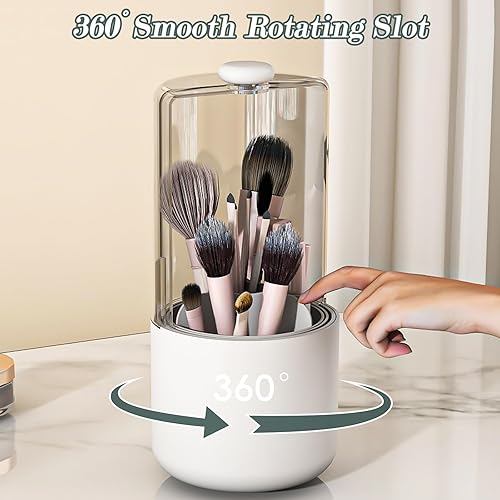 Miniatura 3 de Organizador de brochas de maquillaje, rotación 360, cubierta a prueba de polvo, 4 compartimentos, para tocador de baño, encimera, color blanco