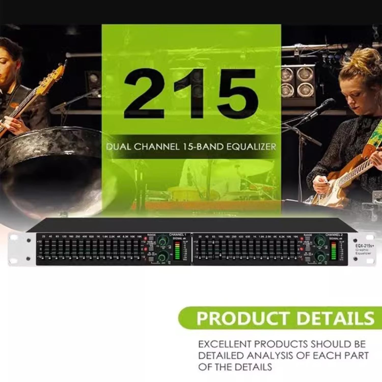 Hifi Home EQ Tuning Equalizer, Graphic Equalizer, Dual Channel 15-Band Stereo Equalizer, with Low/Middle/Treble Independent Adjustment, Noise Reduction, for Home/DJ Performance/Club/Studio