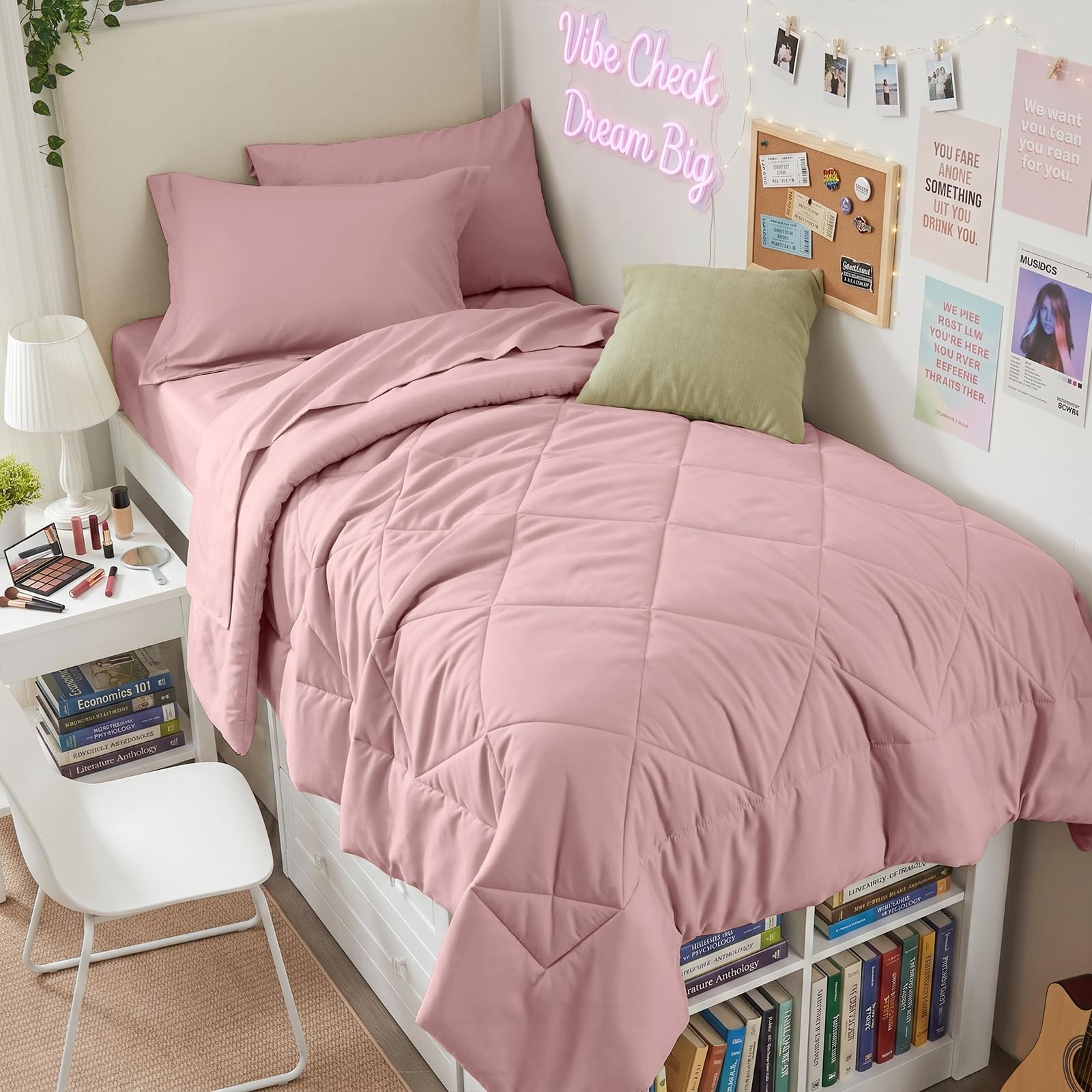 HEVUMYI 5-Piece Twin Comforter Set, Dusty Pink Bed in a Bag