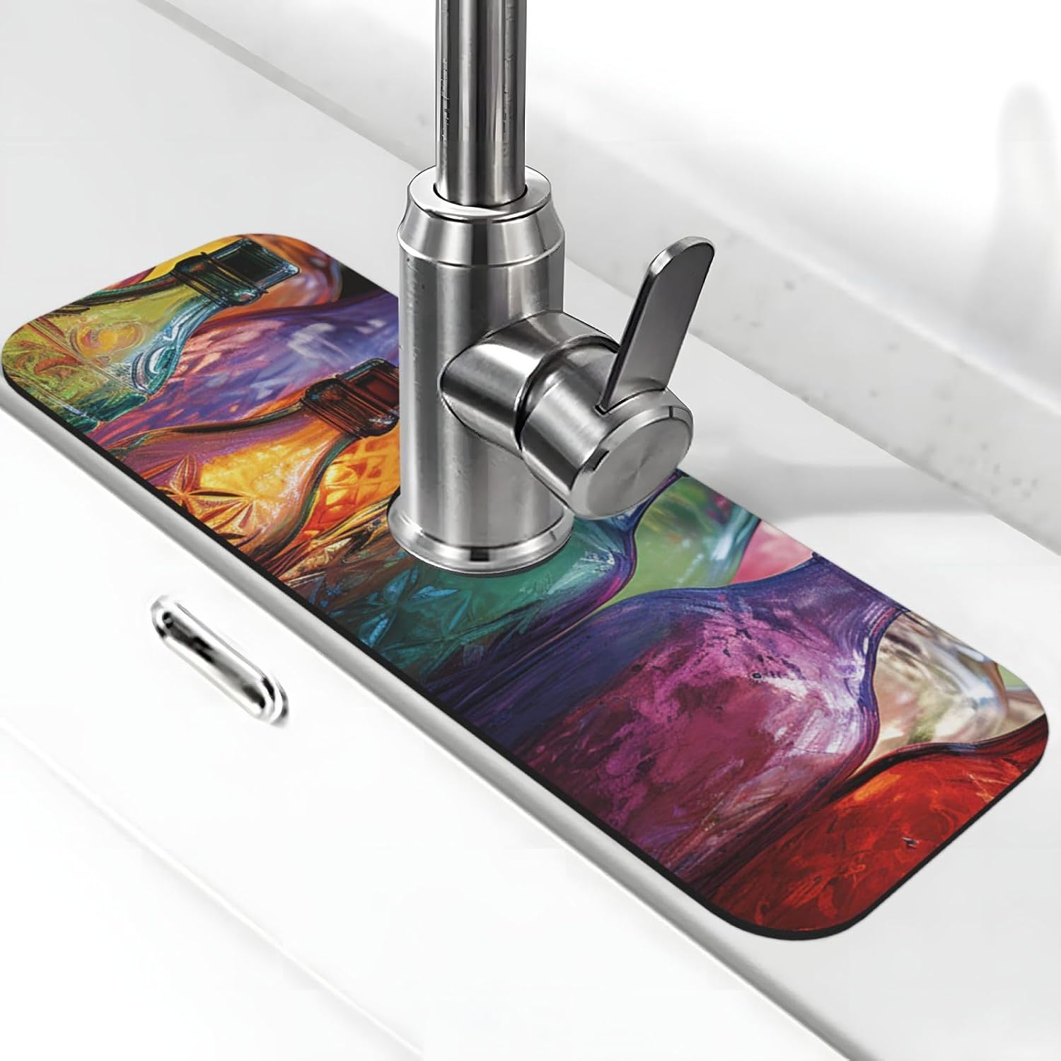 Faucet Mat for Kitchen Sink, Super Absorbent Sink Splash Guard, Fast Drying Mat Colorful Glass Bottle Sink Gadgets Splash Guard Behind Faucet Drip Catcher for Bathroom, 15"x 5.5"