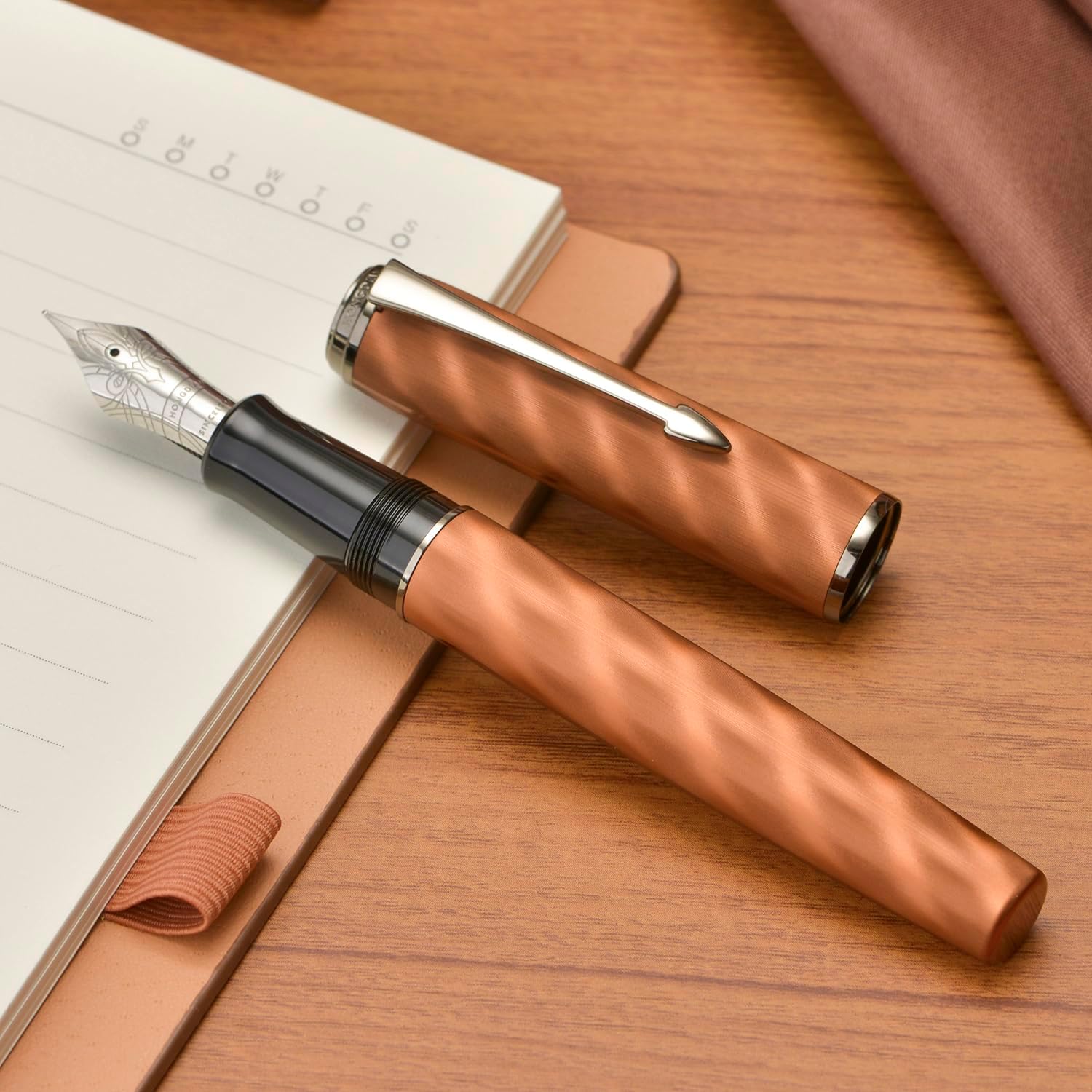 Hongdian A9 Fountain Pen Large #8 Fine Nib Ebonite Feed, Brown Moire Pattern Unique Design with Converter and Metal Case Set