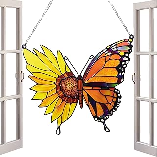 ステンドグラス装飾 - 2D ひまわり 蝶 ホームデコレーション,ライトキャッチャー 窓飾り 壁アート,インテリア エクステリア リビング バルコニー 女性向けギフト